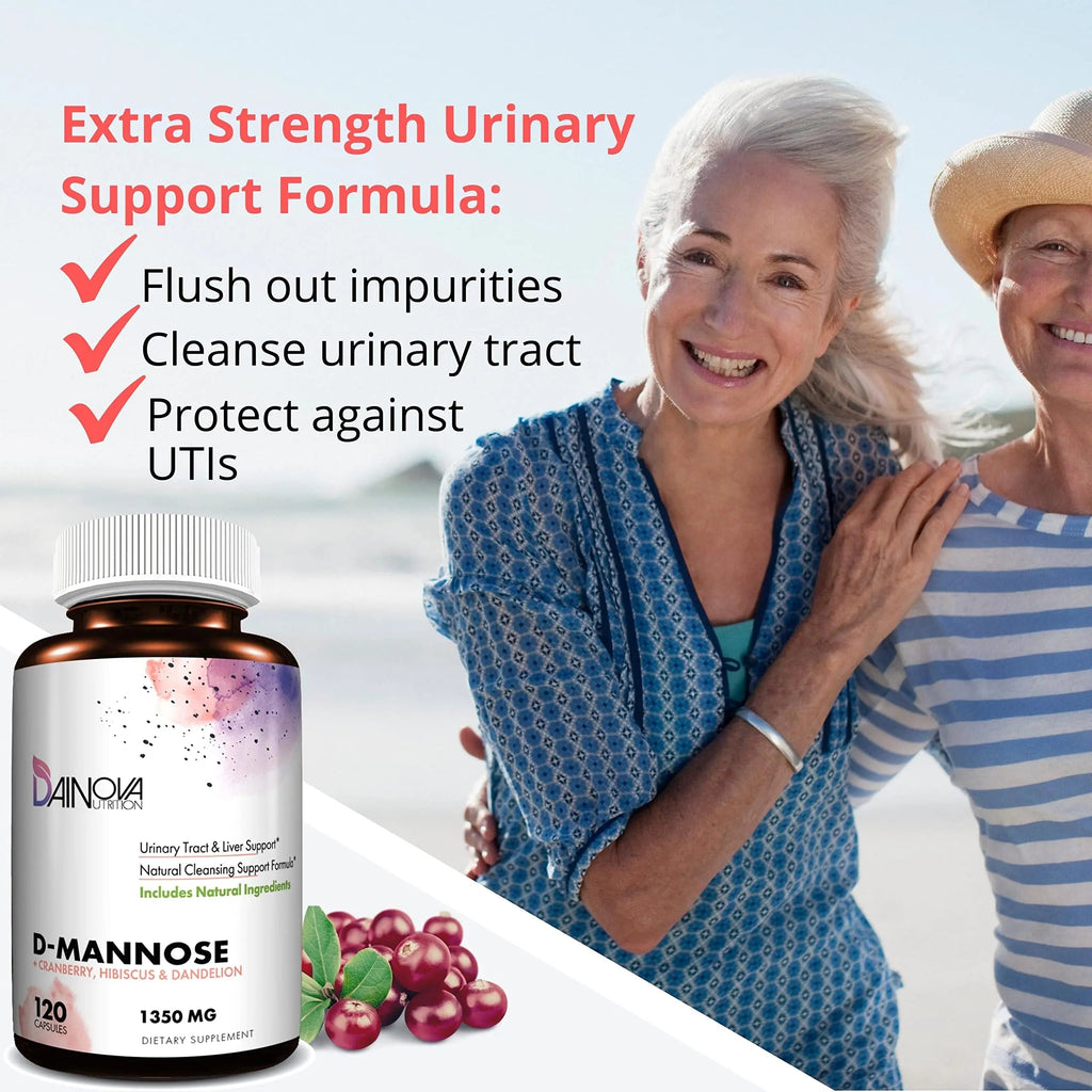 Dainova D Mannose 1350mg with Cranberry I D-Mannose Capsules for UTI Prevention, Urinary Tract Support, Urinary Tract Health for Women, & Cleanse. W/Hibiscus & Dandelion, 120 Veggie Capsules Dainova Nutrition Au supplements