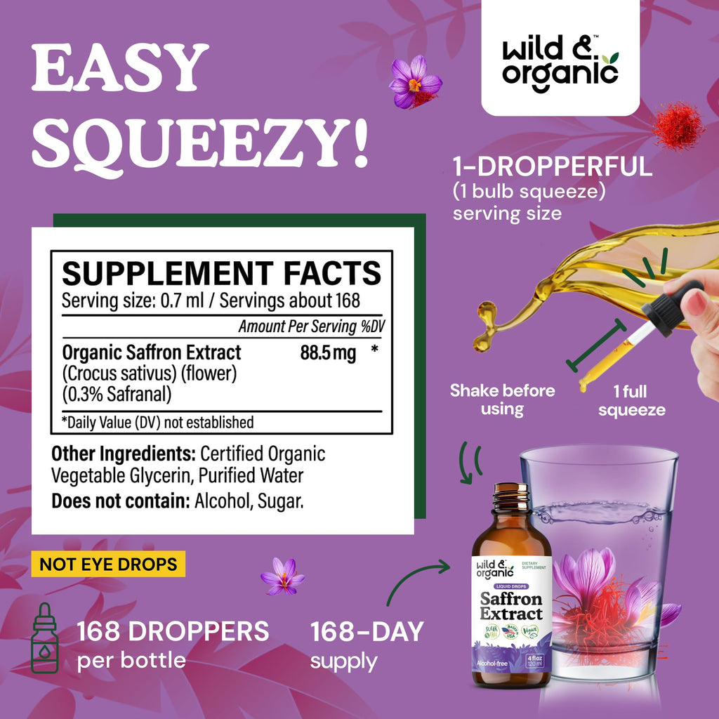 Wild & Organic Saffron Supplements 88.5 mg - Mood, Focus & Eye Support - Saffron Extract Liquid Drops - Add to Tea - 5-Month Supply - Crocus Sativus Herb