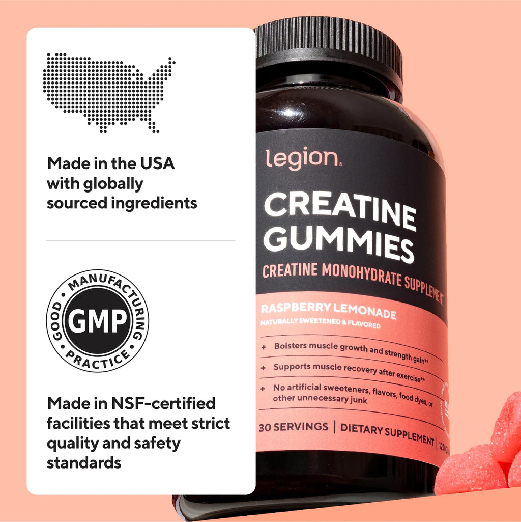 LEGION Creatine Monohydrate Gummies for Men & Women – Clean Chewable Creatine Supplement for Strength, Endurance & Muscle Recovery – 30 Lemon Drop Flavor Servings