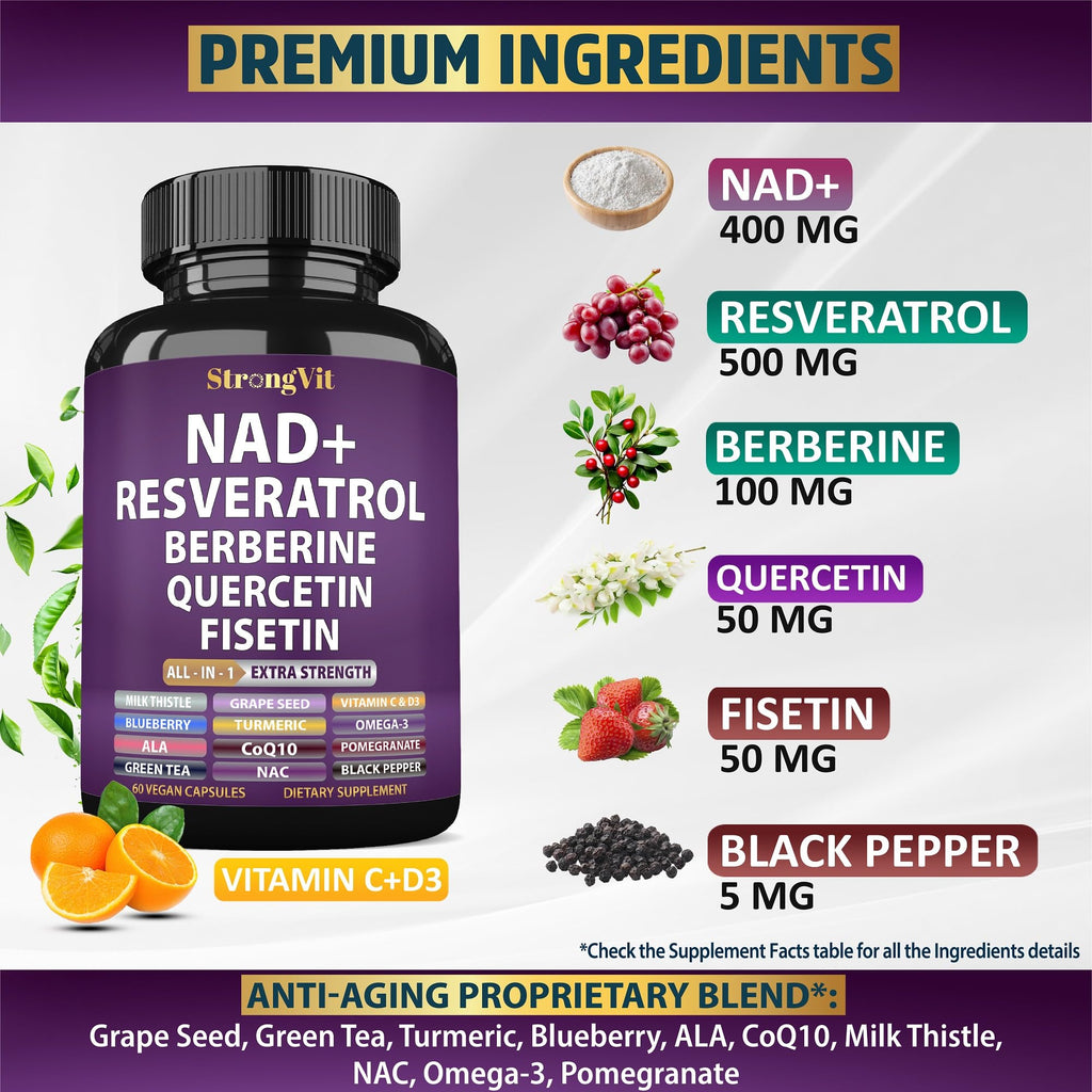 NAD Resveratrol Supplement with Berberine, Quercetin, CoQ10. Anti-Aging Formula for Women & Men. Liposomal NAD Plus, NAD+ Booster, Pure Organic Vitamin, USA StrongVit Au supplements