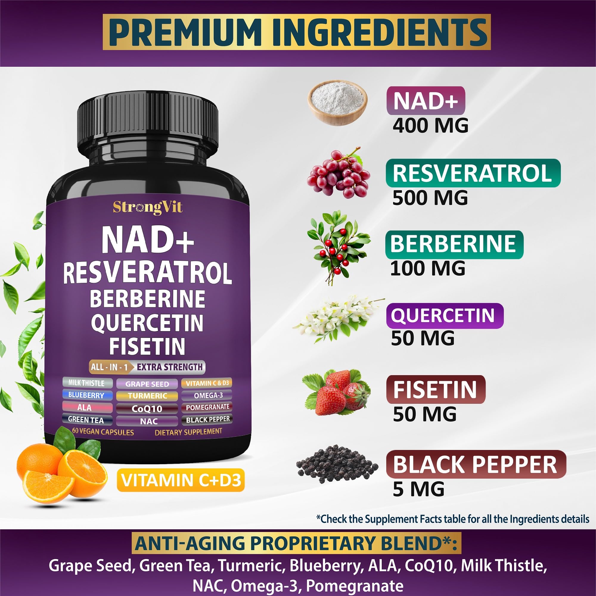 NAD Resveratrol Supplement with Berberine, Quercetin, CoQ10. Anti-Aging Formula for Women & Men. Liposomal NAD Plus, NAD+ Booster, Pure Organic Vitamin, USA StrongVit Au supplements