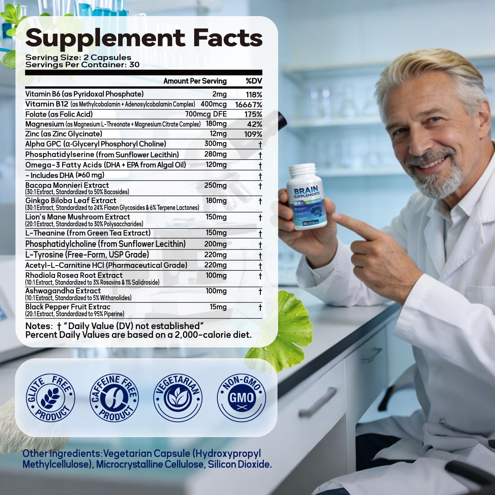 18-in-1 Brain Supplement for Memory and Focus – Nootropic Capsules with Alpha GPC, Bacopa, Ginkgo Biloba, Lion's Mane, Vitamin B6 & B12 | Cognitive Health, Mental Clarity | Vegan, Non-GMO Fenolutra Au supplements