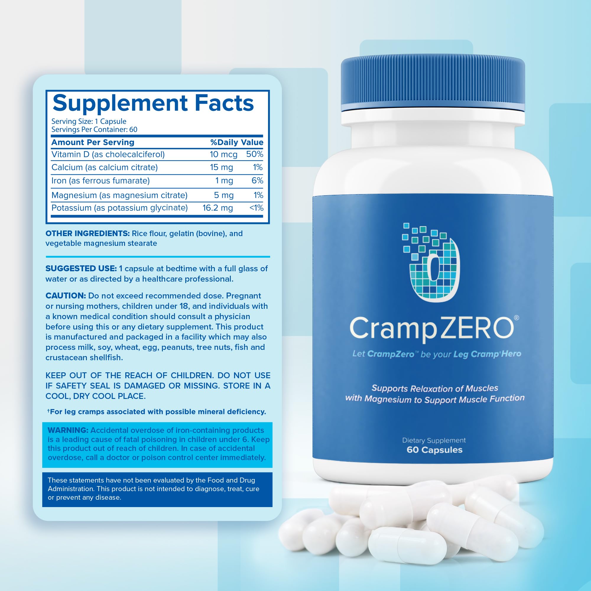 CrampZero Magnesium for Leg Cramps at Night – Potassium Magnesium Supplement with Calcium and Vitamin D3, Supports Muscle Relaxation and Function, Night Leg Cramps Relief, 60 Capsules CrampZero Au supplements