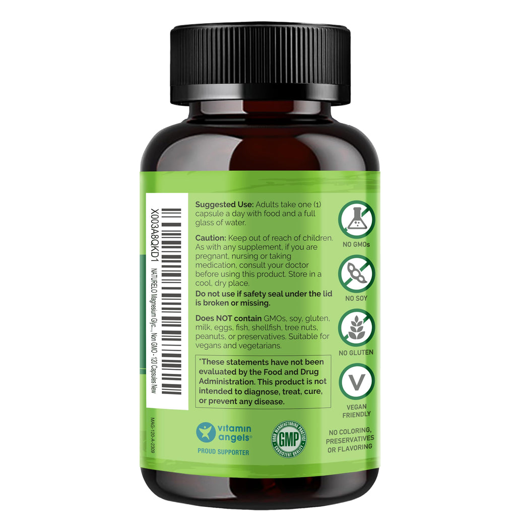 NATURELO Magnesium Glycinate Chelate Complex - 200 mg Magnesium with Organic Vegetables to Support Sleep, Calm, Muscle Cramp & Stress Relief - Gluten Free, Non GMO - 120 Capsules NATURELO Au supplements
