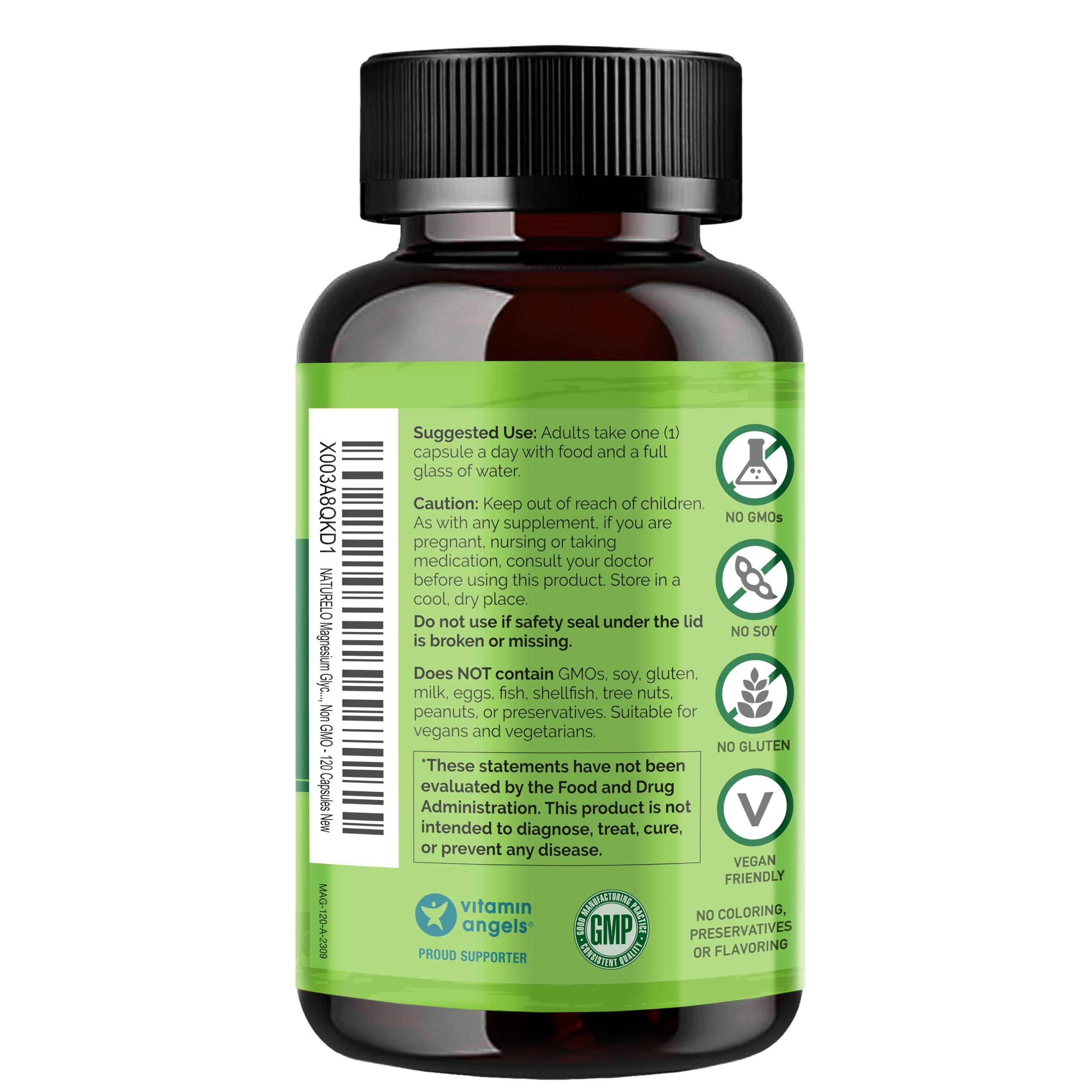 NATURELO Magnesium Glycinate Chelate Complex - 200 mg Magnesium with Organic Vegetables to Support Sleep, Calm, Muscle Cramp & Stress Relief - Gluten Free, Non GMO - 120 Capsules NATURELO Au supplements