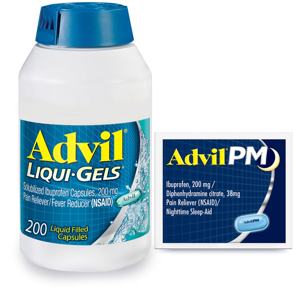 Advil Liqui-Gels Pain Reliever and Fever Reducer, Pain Medicine for Adults with Ibuprofen 200mg for Headache, Backache, Menstrual Pain and Joint Pain Relief - 200 Capsules, Advil PM Ibuprofen - 2 Ct Advil Au supplements