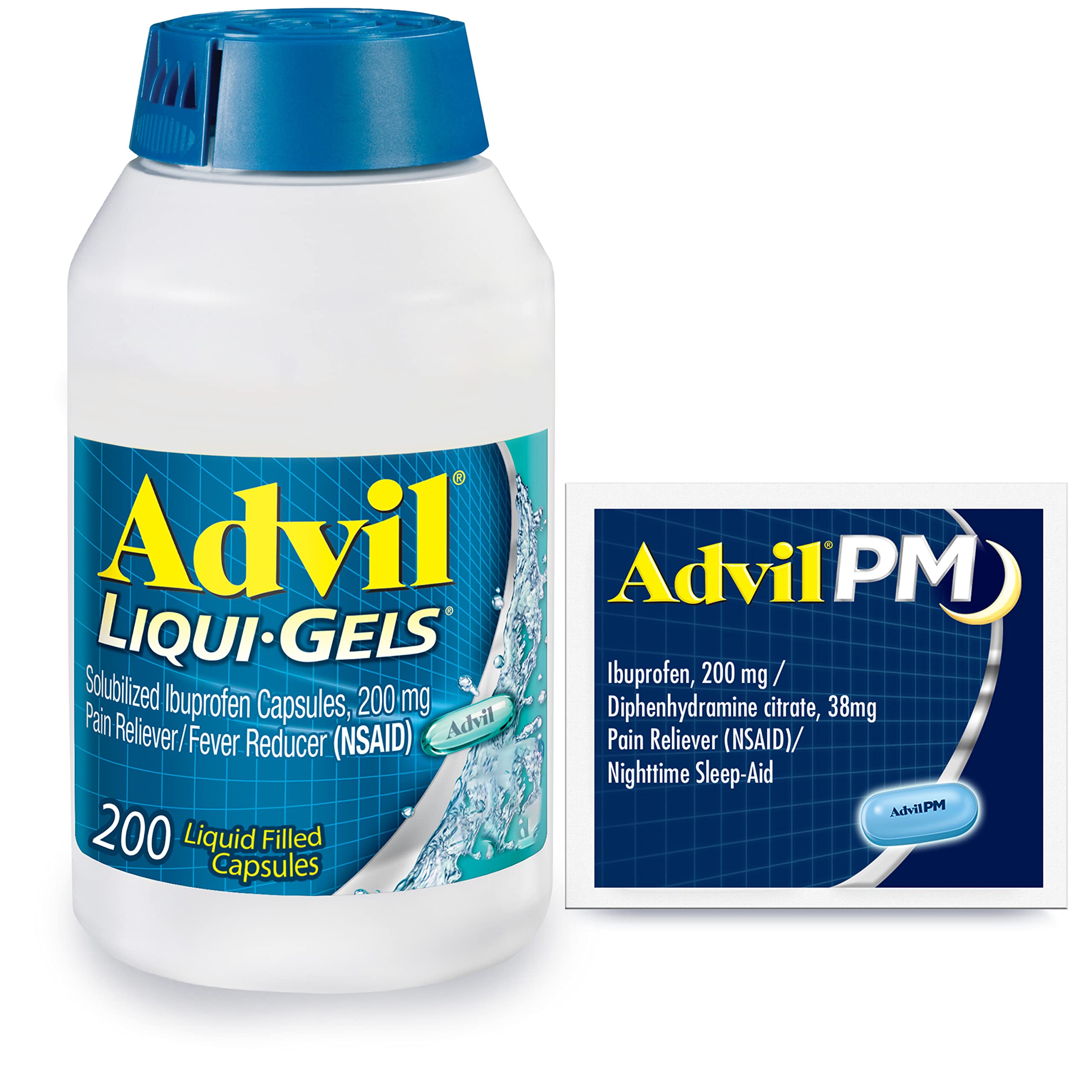 Advil Liqui-Gels Pain Reliever and Fever Reducer, Pain Medicine for Adults with Ibuprofen 200mg for Headache, Backache, Menstrual Pain and Joint Pain Relief - 200 Capsules, Advil PM Ibuprofen - 2 Ct Advil Au supplements