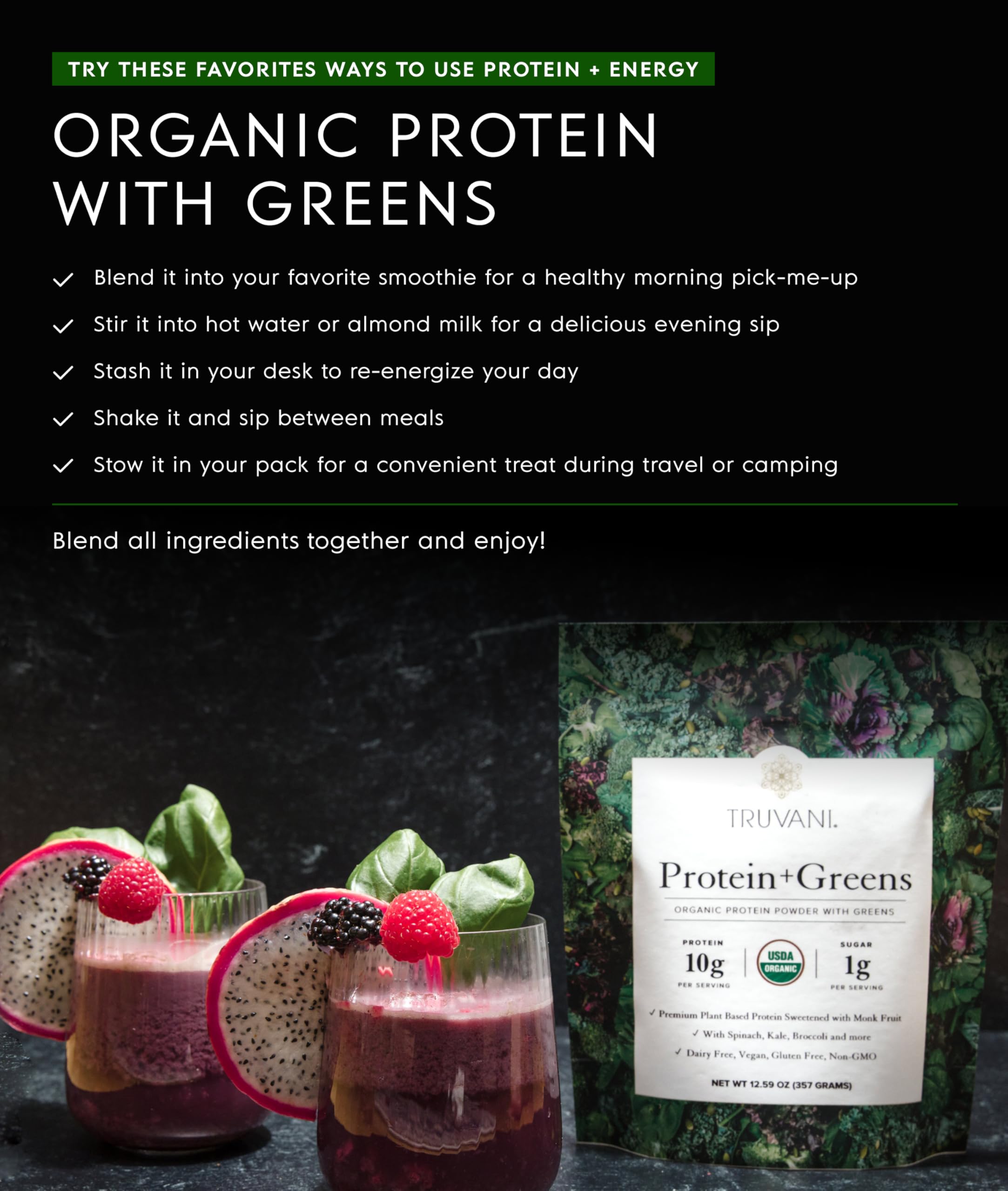 Truvani Protein + Greens Supplement | Spinach, Kale & Broccoli | 10g Organic Plant Based Protein | 20 Servings | USDA Organic | Gluten & Dairy Free
