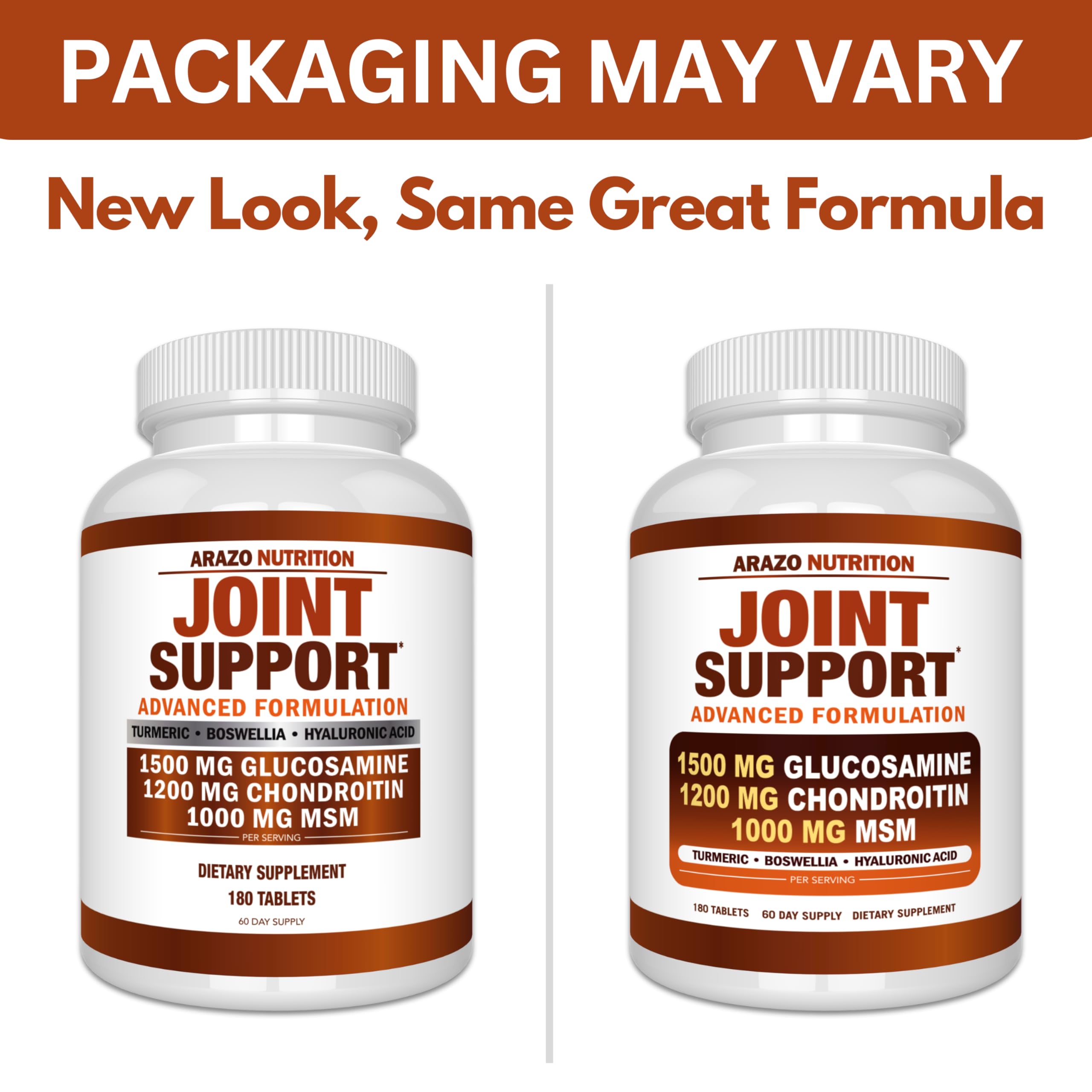 Arazo Nutrition Glucosamine Chondroitin Turmeric Msm Boswellia - Joint Support Supplement for Relief 180 Tablets for Bones, Back,
