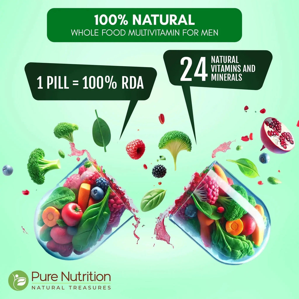 Pure Nutrition Whole Food Multivitamins for Men | 90 Tabs | One-A-Day | 100% RDA | 24 Natural Vitamins and Minerals | PURE NUTRITION NATURAL TREASURES Au supplements