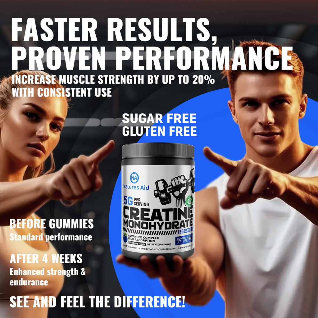 Natures Aid NSF Certified Creatine Gummy 5g - Creatine Monohydrate Gummies – Pre-Workout Energy & Muscle Growth Support for Men & Women