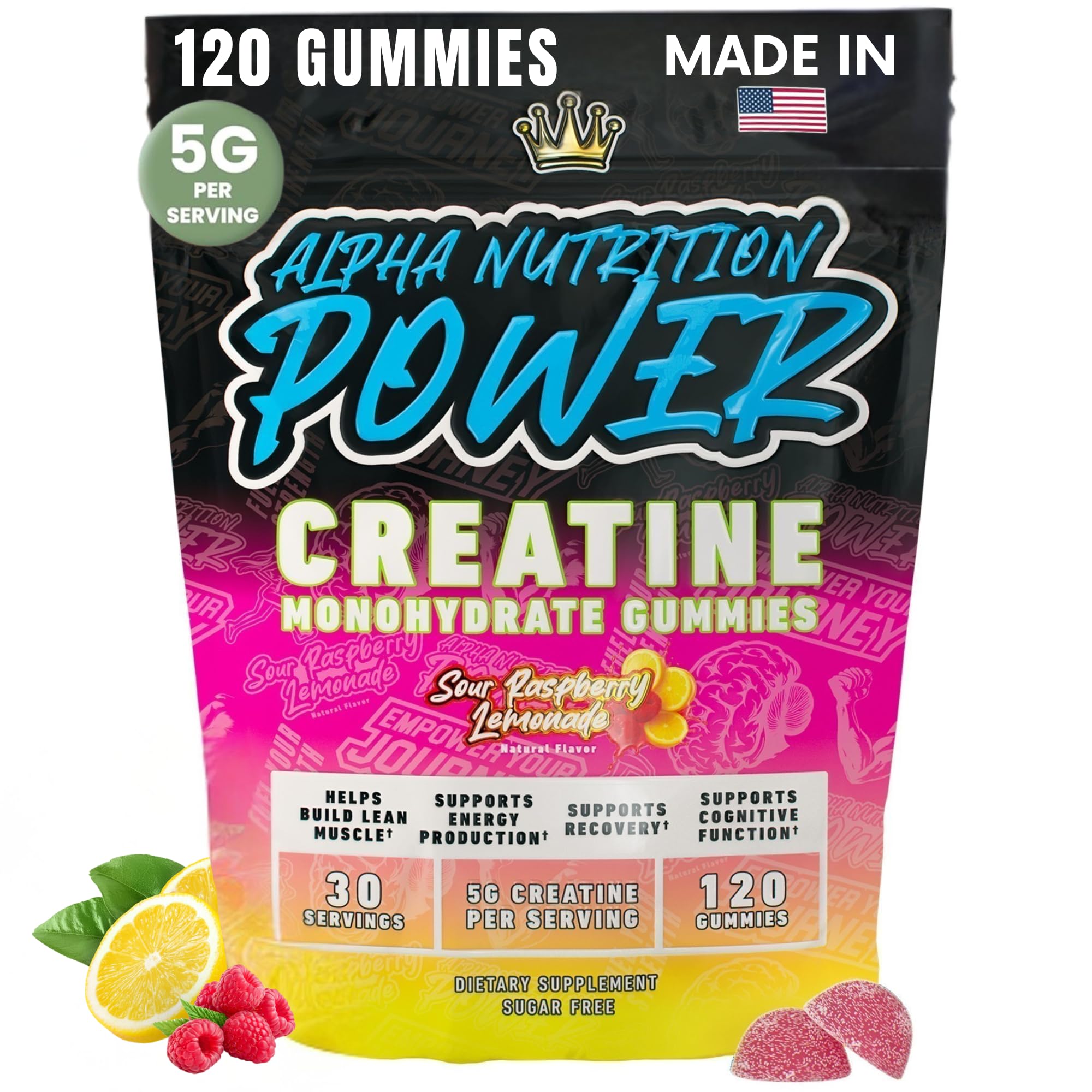 Creatine Monohydrate Gummies 5g - Raspberry Lemonade Flavored Creatine for Women and Men - Supplement for Muscle Gain, Strength, Energy, Cognitive Health, Pre and Post Workout, Recovery, (120 Gummies) Alpha Nutrition Power Au supplements