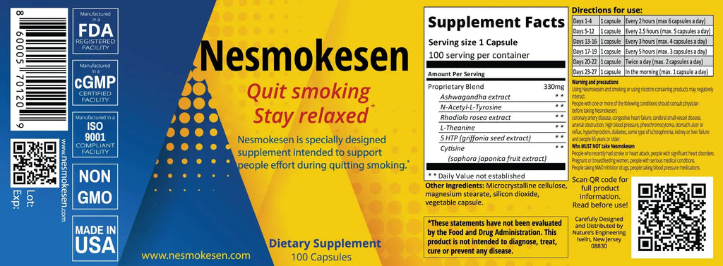 Nesmokesen - Quit Smoking Stay Relaxed, (100 Capsules / 27 Days Supply) Nature's Engineering Au supplements