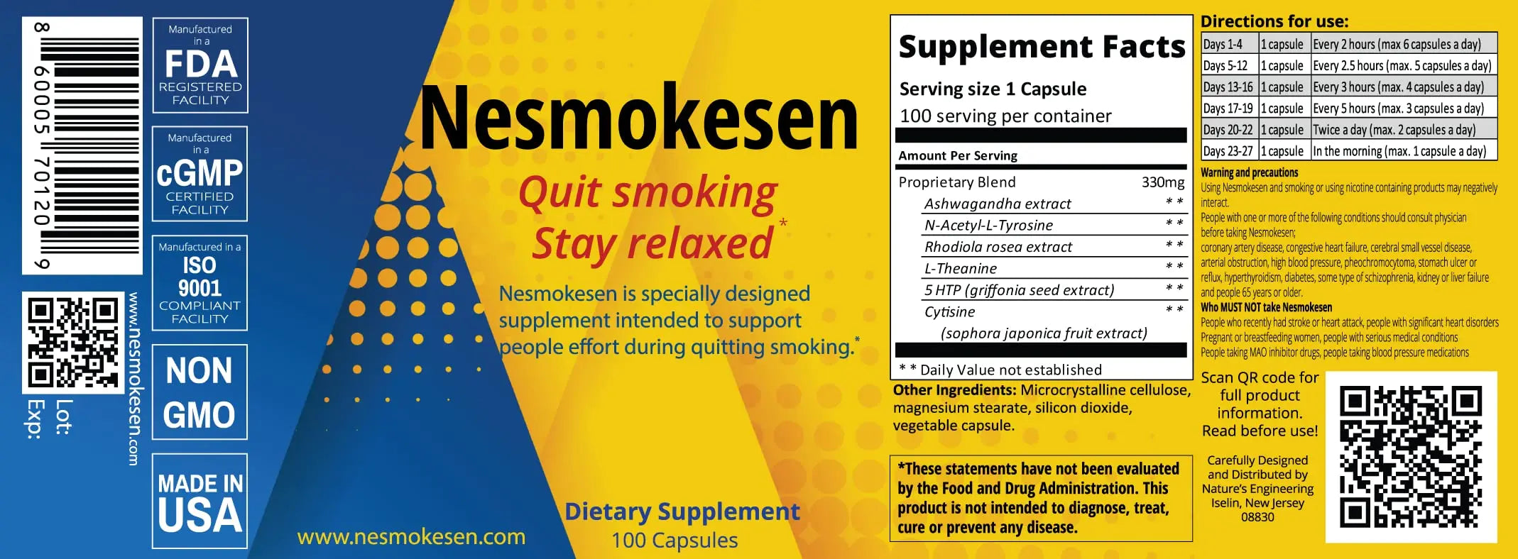 Nesmokesen - Quit Smoking Stay Relaxed, (100 Capsules / 27 Days Supply) Nature's Engineering Au supplements