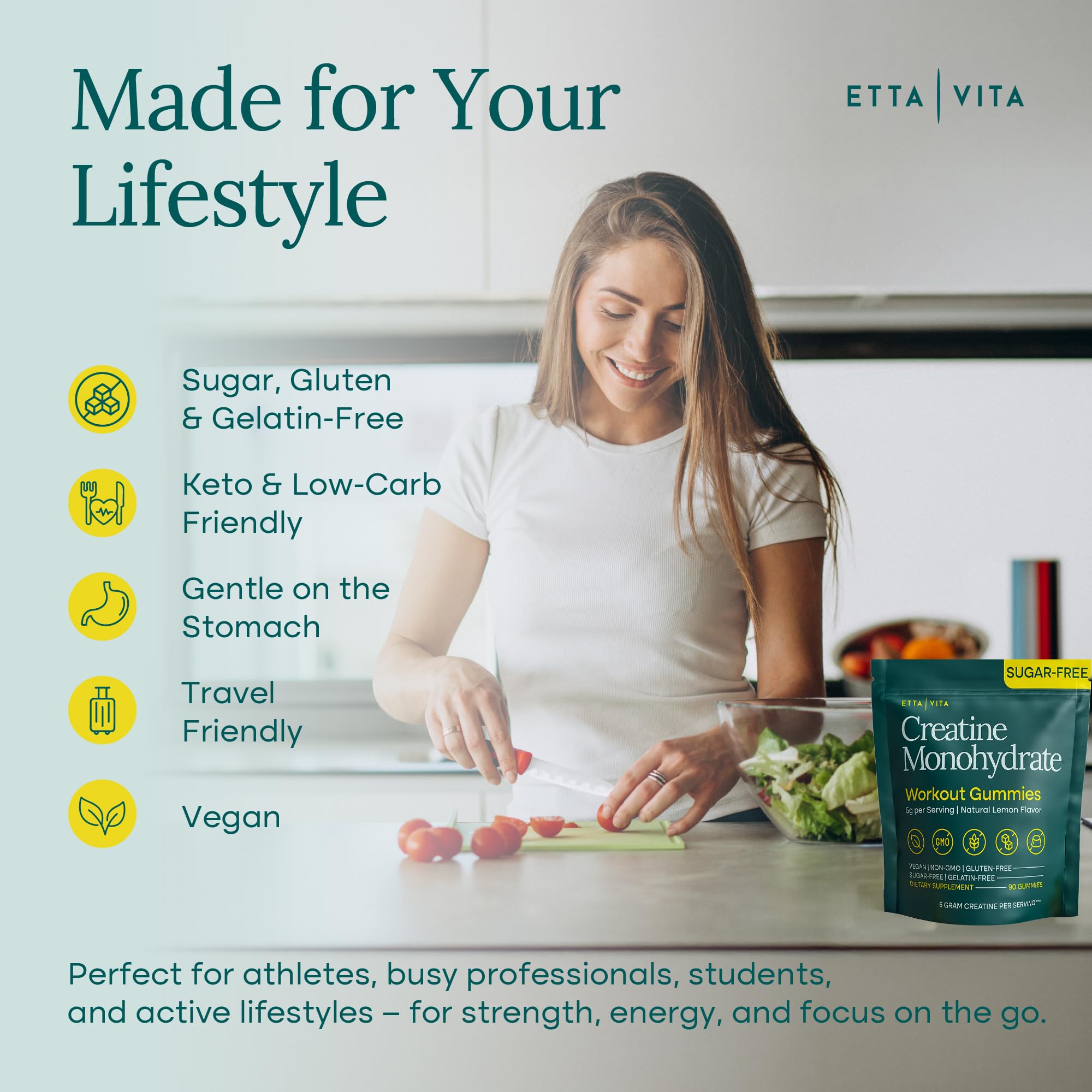 Sugar-Free Creatine Monohydrate Gummies 5gram per Serving, Potent Creatine Gummies for Women & Men, Supplement for Muscle Support, Cellular Energy & Cognitive Function [Lemon Drops Candy Flavor] Etta Vita Au supplements