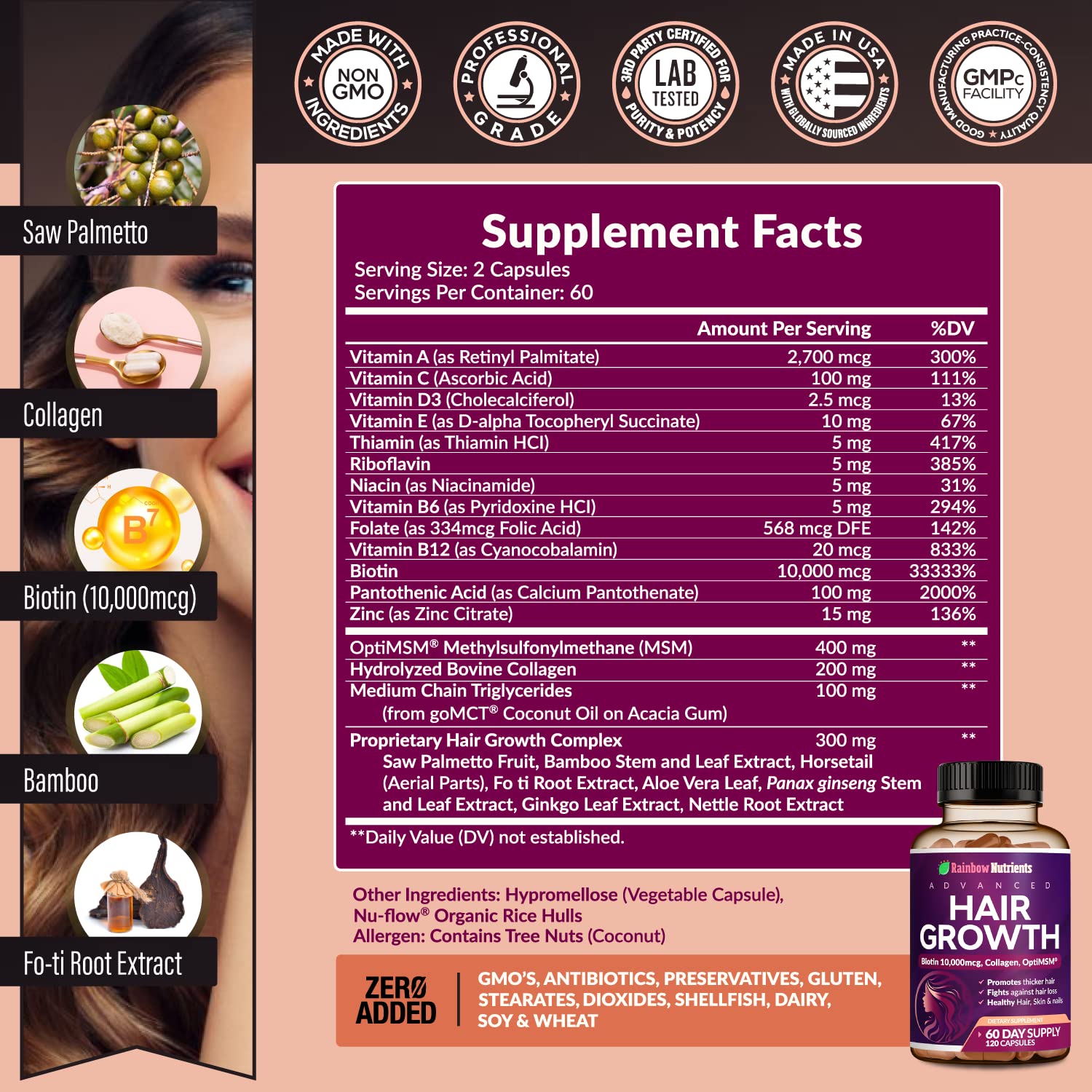 Hair Growth Vitamins for Women | Biotin 10,000mcg, Collagen, Patented OptiMSM®, goMCT