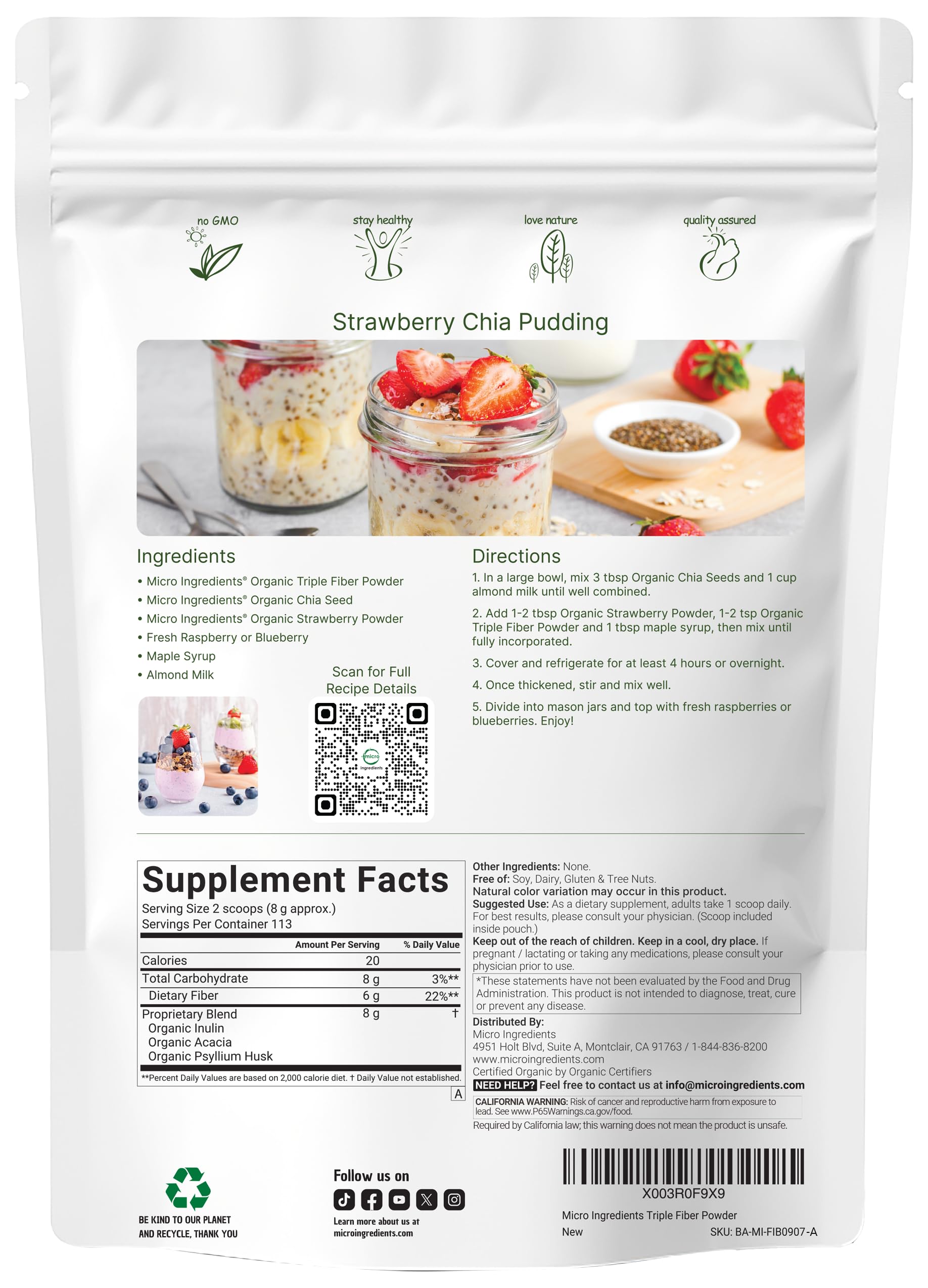 Micro Ingredients Organic Triple Fiber Powder, 2lb | Natural Prebiotic to Support Digestive & Gut Health