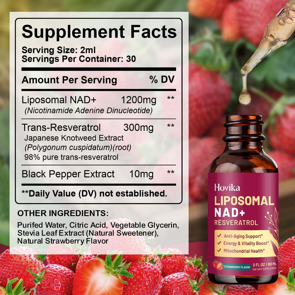 Liposomal NAD Supplement - 1200mg NAD+ Liquid Drops for Women & Men with Resveratrol, Black Pepper Extract - Support Anti-Aging, Brain & Cellular Mitochondrial Health - 2 Fl Oz, Strawberry Flavor Hovika Au supplements