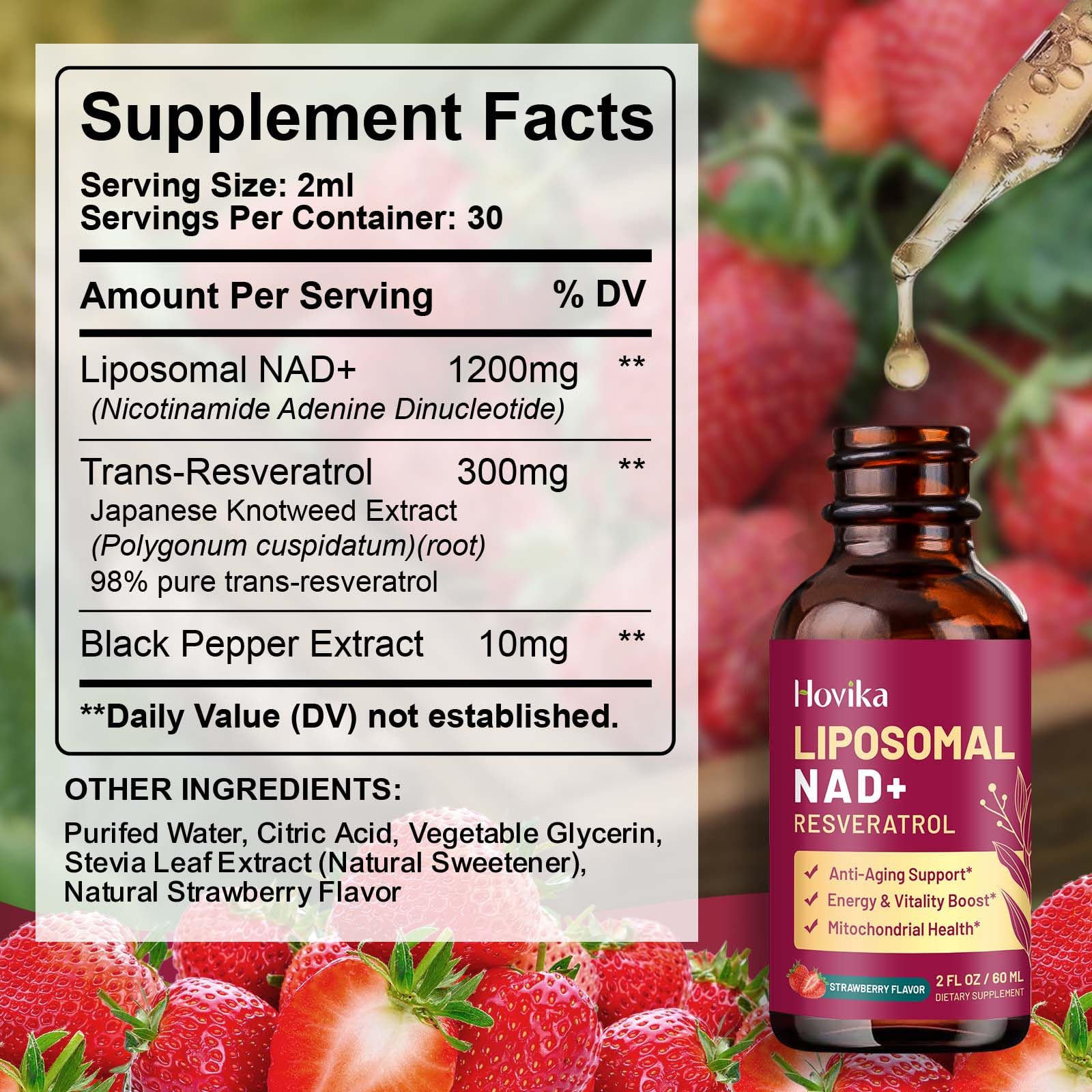 Liposomal NAD Supplement - 1200mg NAD+ Liquid Drops for Women & Men with Resveratrol, Black Pepper Extract - Support Anti-Aging, Brain & Cellular Mitochondrial Health - 2 Fl Oz, Strawberry Flavor Hovika Au supplements