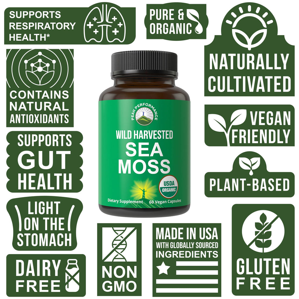 Organic Sea Moss Capsules. Wild Harvested Sea Moss Raw Organic Vegan Supplement from Red Algae Seaweed. 100% Whole Extract Raw Irish SeaMoss Superfood Pills. for Gut, Respiratory, Immune Support. Peak Performance Au supplements