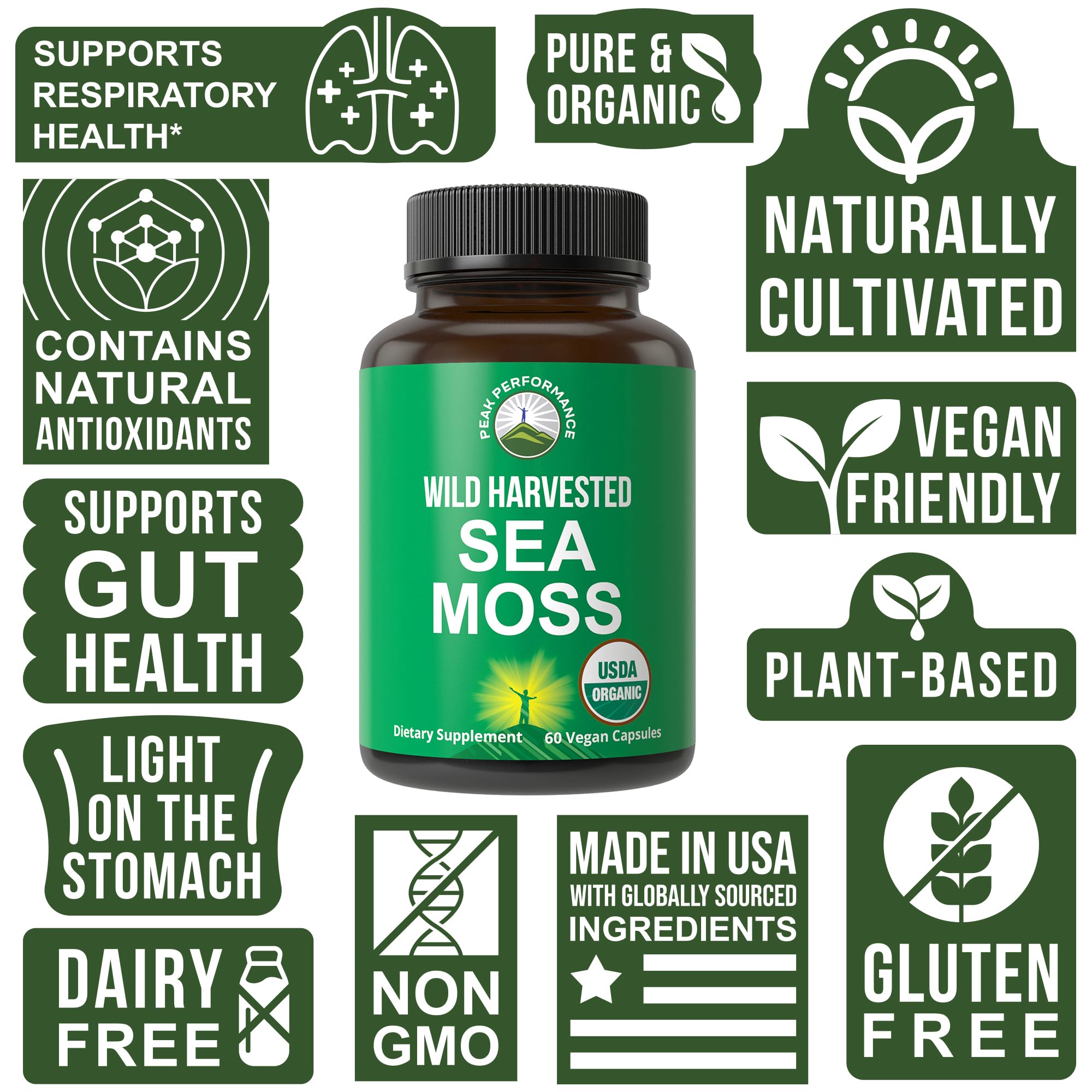 Organic Sea Moss Capsules. Wild Harvested Sea Moss Raw Organic Vegan Supplement from Red Algae Seaweed. 100% Whole Extract Raw Irish SeaMoss Superfood Pills. for Gut, Respiratory, Immune Support. Peak Performance Au supplements