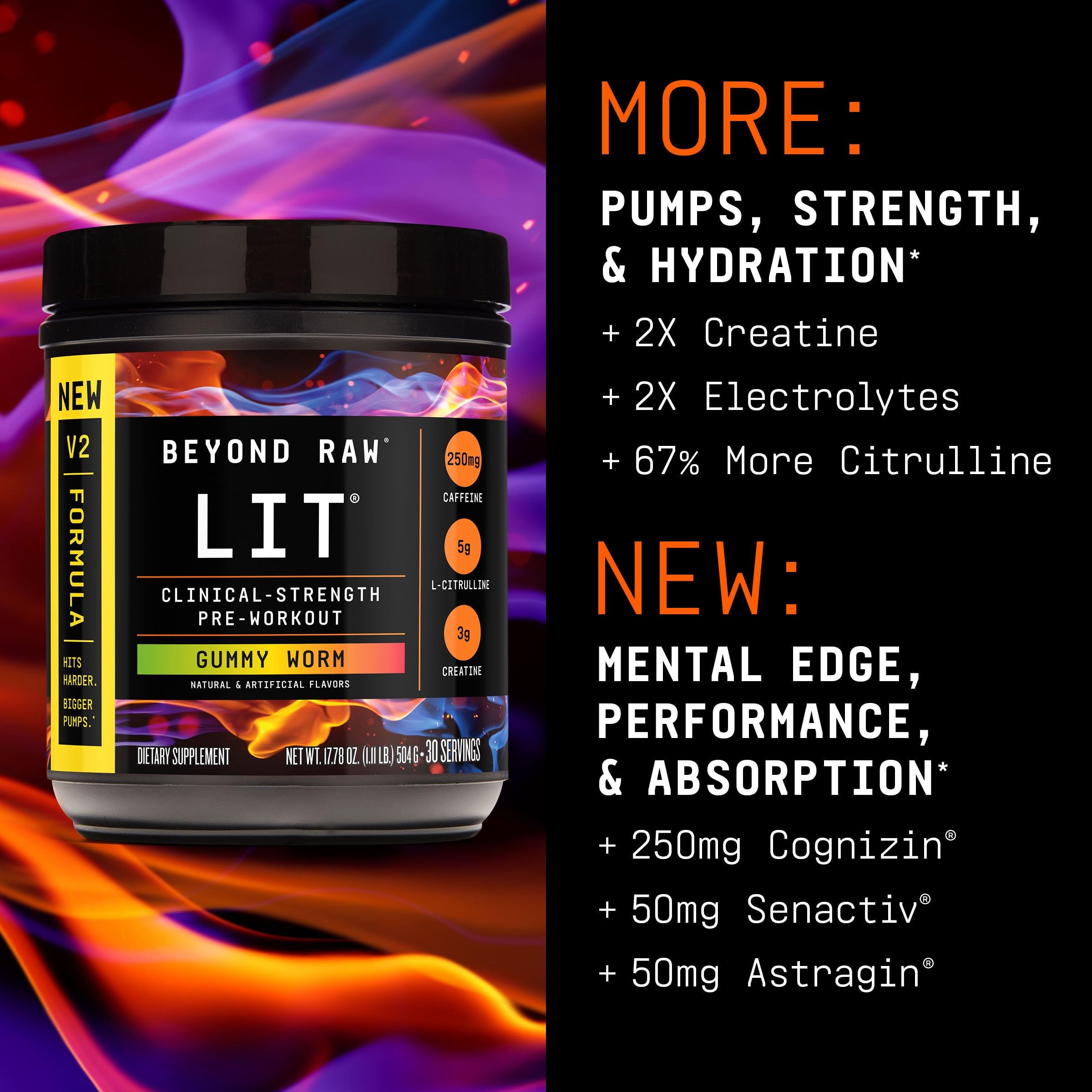 BEYOND RAW LIT V2 Clinical Strength Pre Workout Powder, Hits Harder, Bigger Pumps, Caffeine, L-Citrulline, Creatine, Gummy Worm, 30 Servings