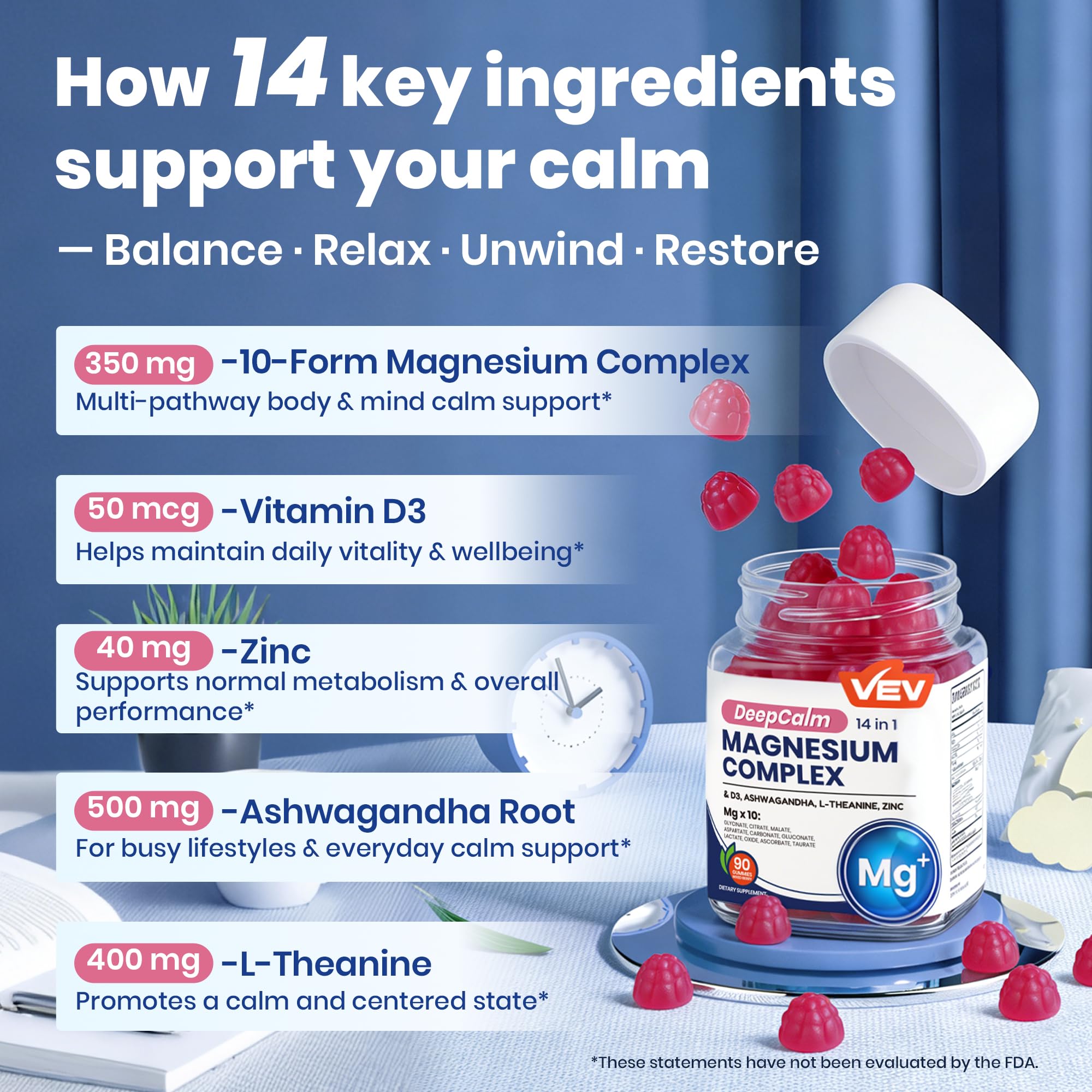 VEV Deep Calm Magnesium Complex 14-in-1 Gummies with Ashwagandha, L-Theanine, Vitamin D3 & Zinc for Women and Men, Vegan Magnesium Glycinate Gummies, 90 Gummies, Pack of 1 VEV Au supplements
