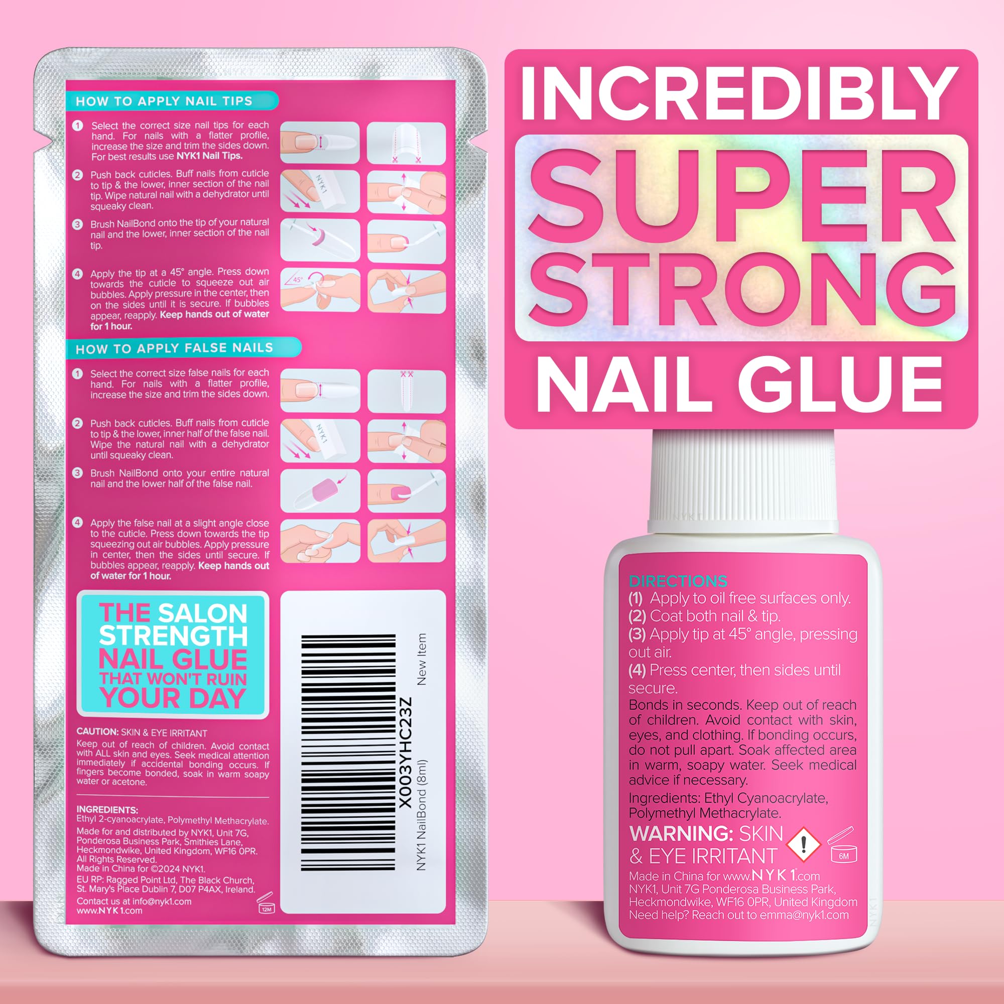 Super Strong Nail Glue for Press On Nails, Nail Tips & Acrylic Nails (8ml) NYK1 NailBond Brush