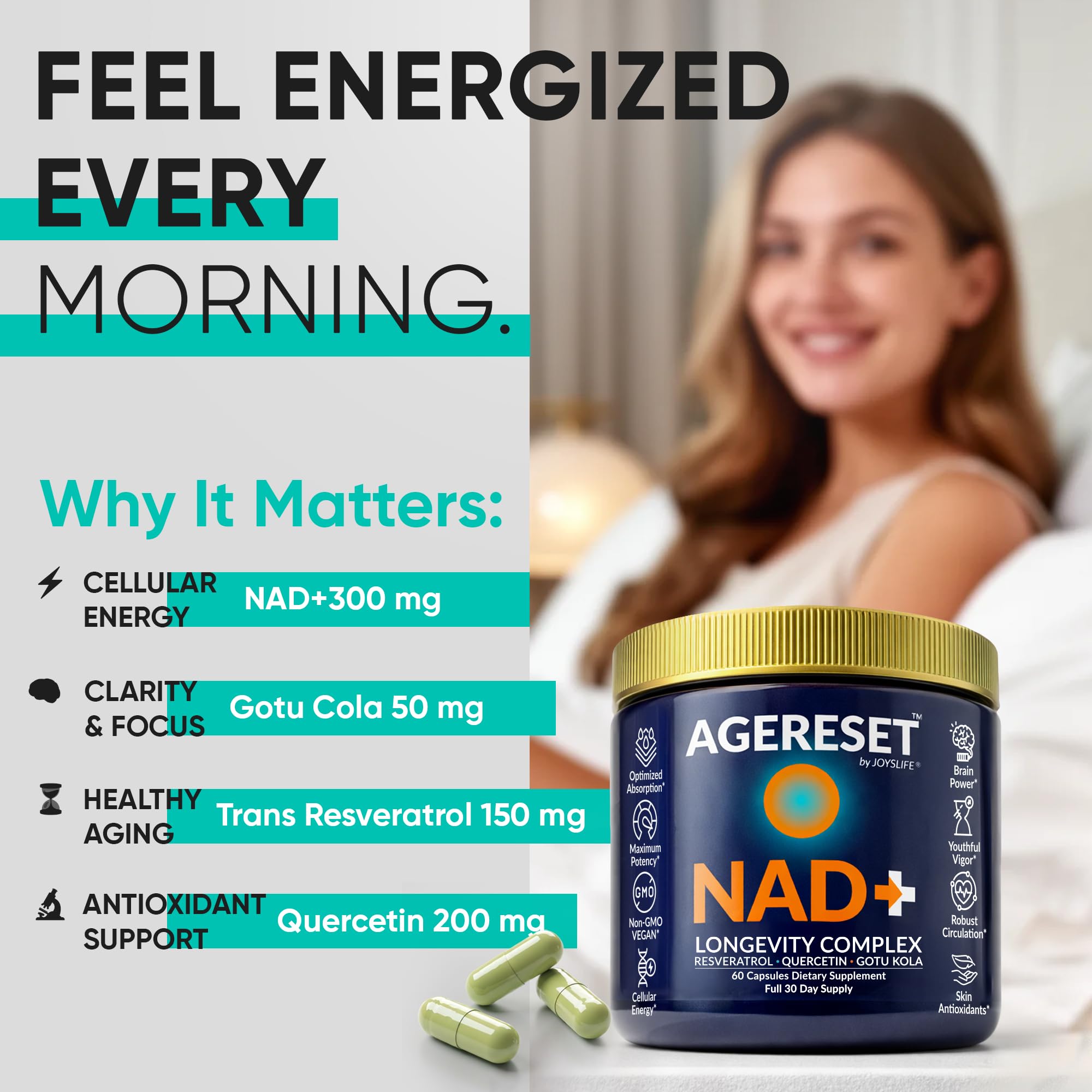 JoysLife AGERESET NAD Supplement NMN Alternative Liposomal + Gotu Kola for Women & Men w/Resveratrol, Quercetin, Gotu Kola JoysLife Au supplements