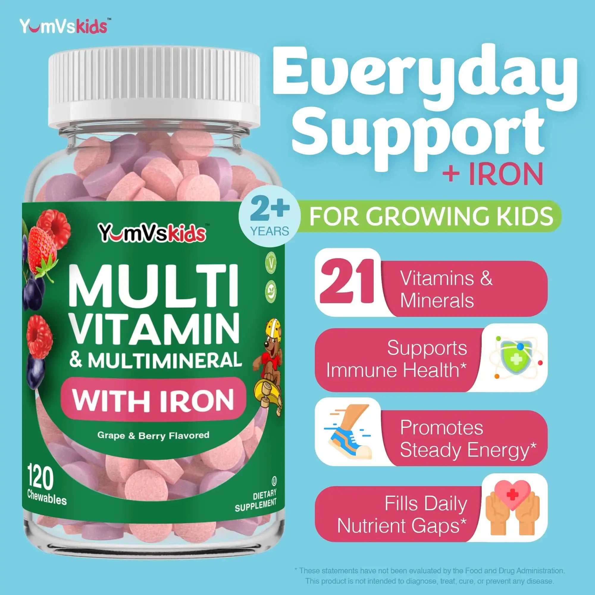 YumVs Kids Multivitamin with Iron & Minerals Chewable Tablets – Grape & Berry Flavor Vitamins for Toddlers & Children Age 2+ – Daily Multivitamin YUM-V'S Au supplements