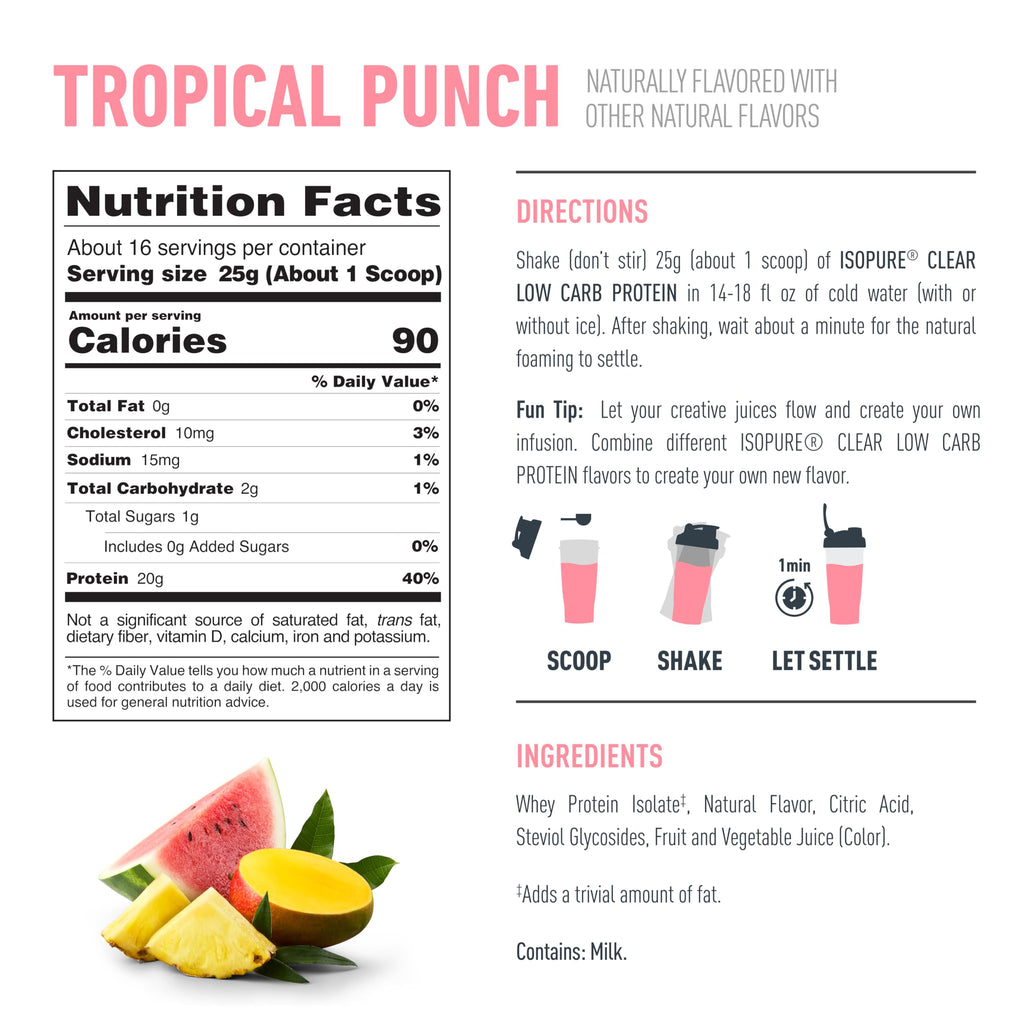 Isopure Clear Whey Isolate Protein Powder, Lactose Free, Gluten Free, Naturally Flavored, Tropical Punch, 20g Protein Per Serving, 14.1 Oz, 16 Servings (Packaging May Vary)