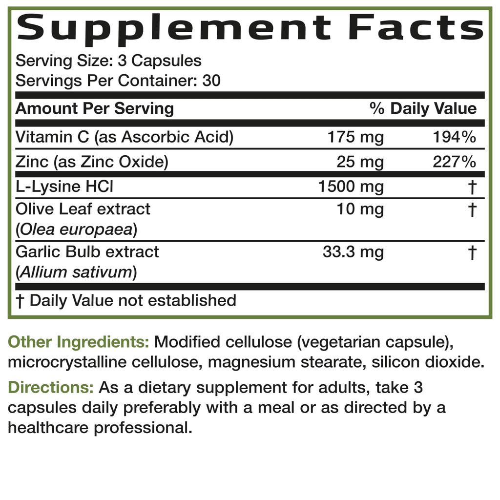 Bronson L-Lysine Defense Immune Support Complex 1500 MG L-Lysine Plus Olive Leaf, Garlic, Vitamin C and Zinc