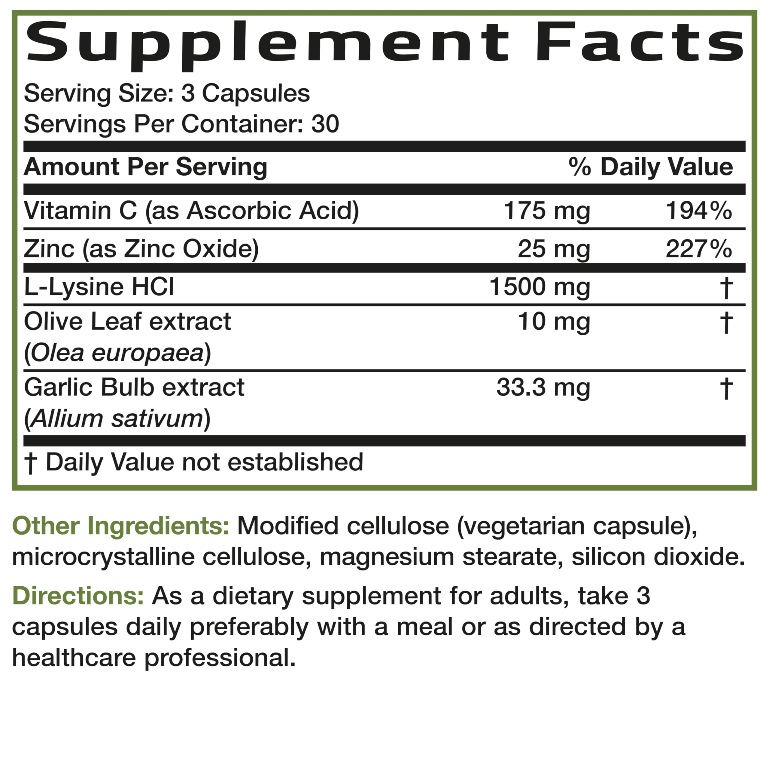 Bronson L-Lysine Defense Immune Support Complex 1500 MG L-Lysine Plus Olive Leaf, Garlic, Vitamin C and Zinc