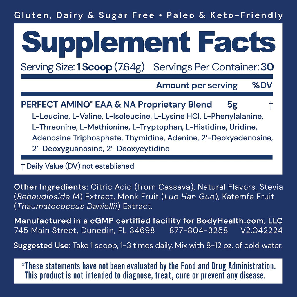 BodyHealth PerfectAmino Powder - EAA Powder for Pre and Post Workout - Amino Acid Energy Drink for Men and Women to Support Lean Muscle and Recovery -