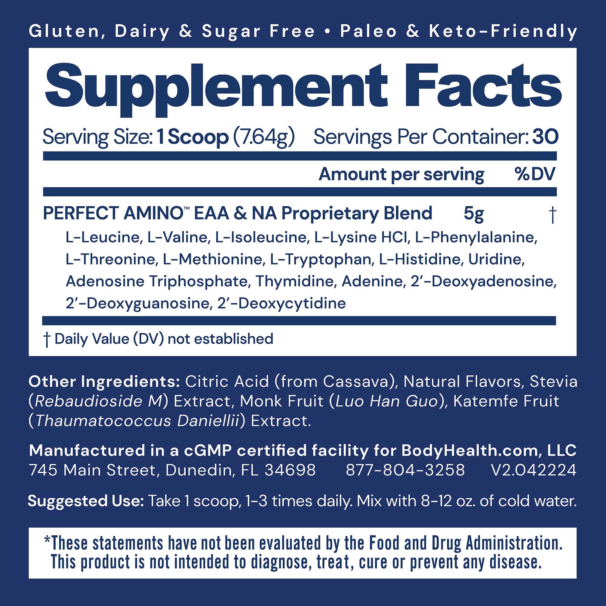 BodyHealth PerfectAmino Powder - EAA Powder for Pre and Post Workout - Amino Acid Energy Drink for Men and Women to Support Lean Muscle and Recovery -