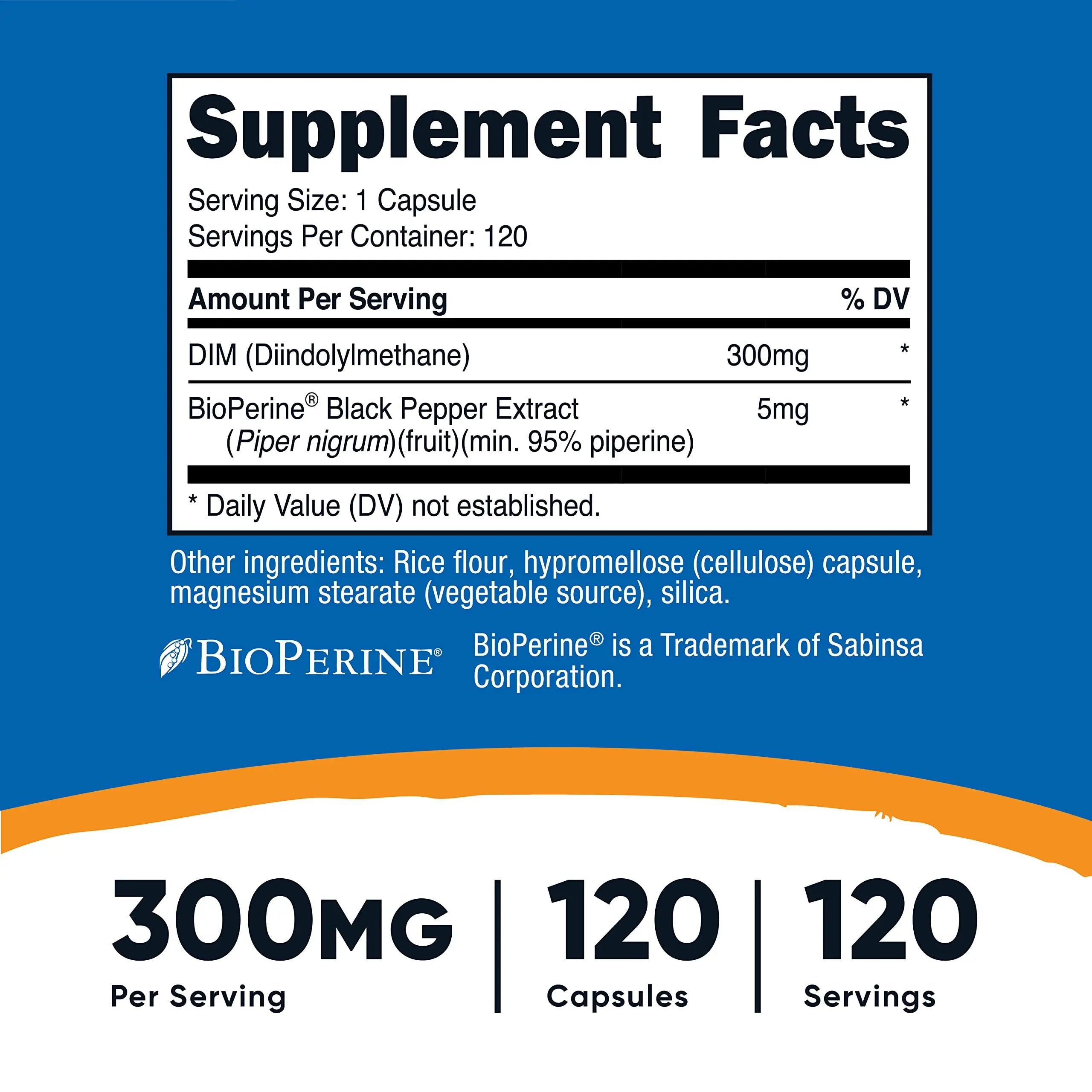 Nutricost DIM (Diindolylmethane) Plus BioPerine 300mg, 120 Vegetarian Capsules Nutricost Au supplements