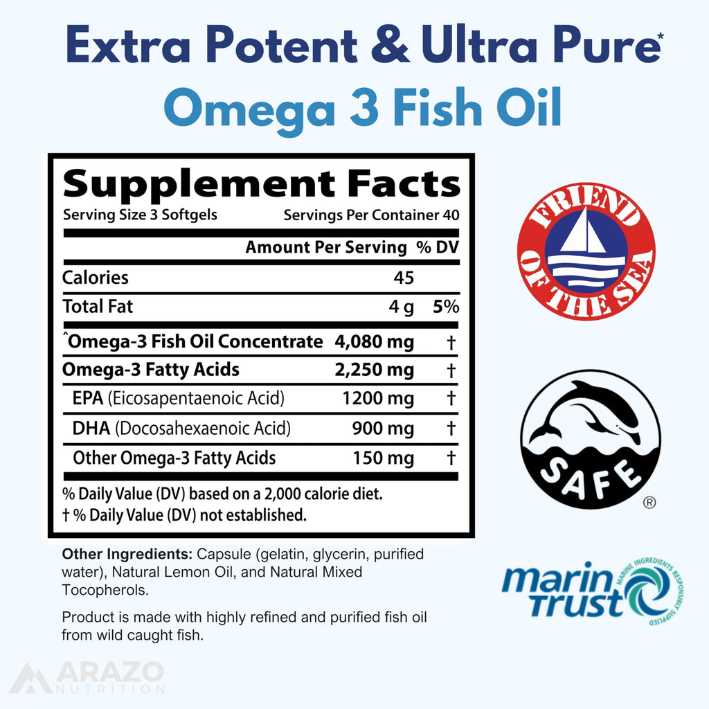 Arazo Nutrition Wild Caught Omega-3 Fish Oil Concentrate – 4,080mg per Serving – High EPA 1200mg & DHA 900mg