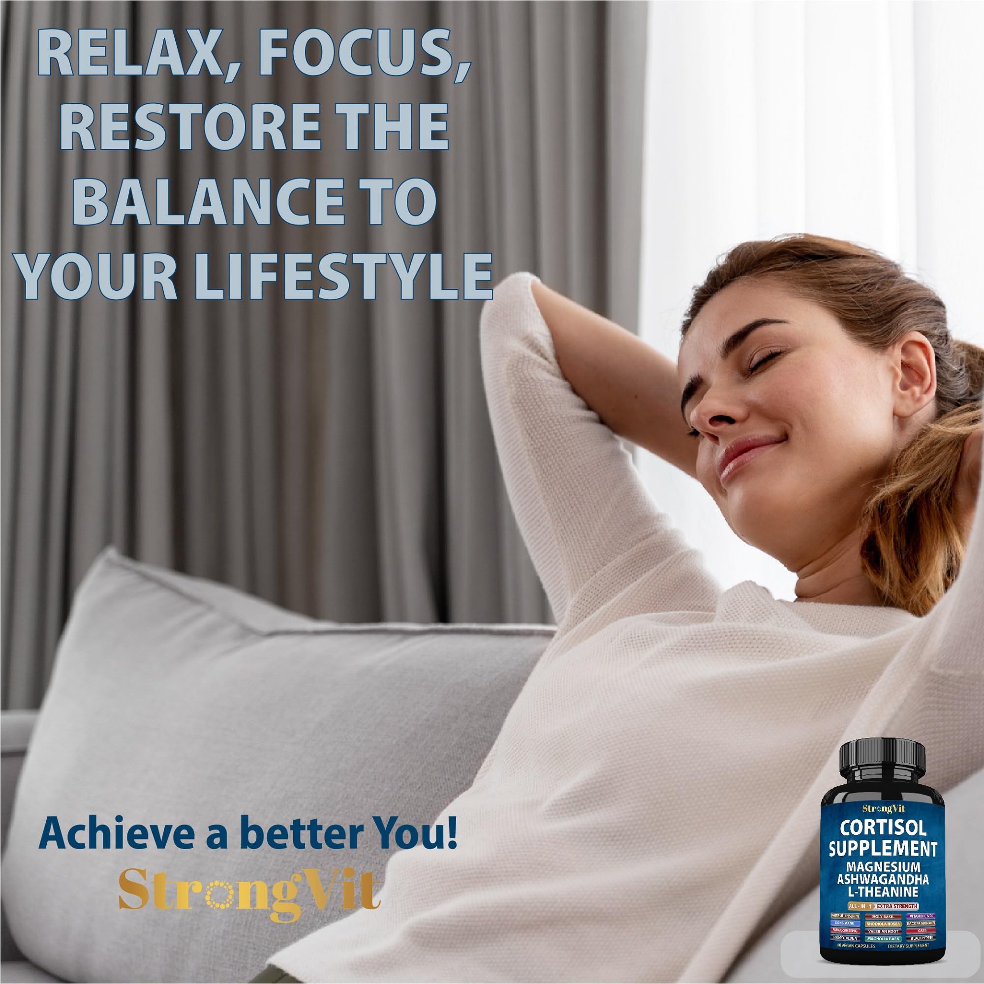 StrongVit Cortisol Supplements for Women and Men with Magnesium, Ashwagandha & L-Theanine. High Cortisol Reducer, Manager, Detox,