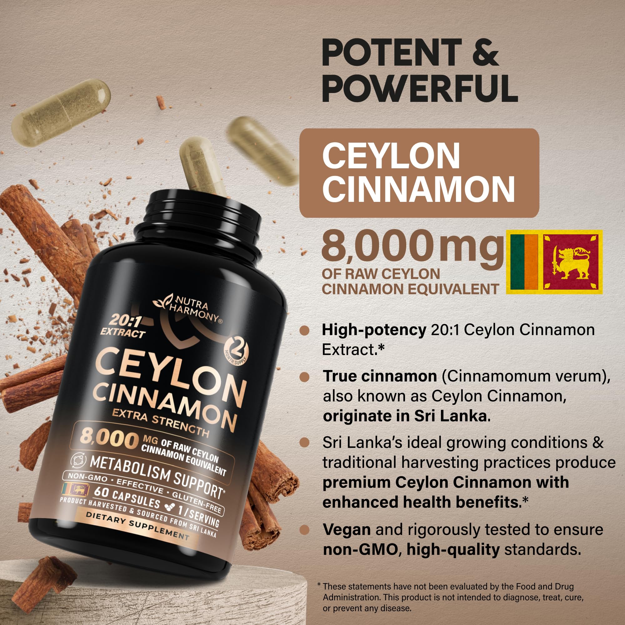 Ceylon Cinnamon Capsules - Extra Strength - Energy Heart & Metabolism Support for Men & Women - Pure Natural Cinnamon 20:1 Extract Supplement