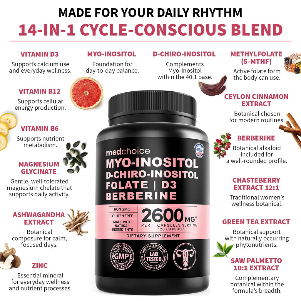 14-in-1 Women’s Inositol Complex Supplement – 40:1 Myo & D-Chiro Inositol with Folate, Vitamin D3, Zinc, Magnesium & Botanicals for Hormone