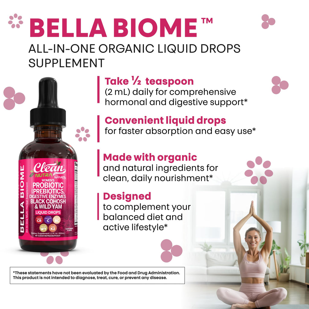 Liquid Probiotics for Women Drops with Chasteberry, Black Cohosh, Prebiotics, Digestive Enzymes, Evening Primrose Oil, Wild Yam, Cranberry Dmannose and Iron Vitamin D3 K2 Clean Nutra Bella Biotics Clean Nutraceuticals Au supplements