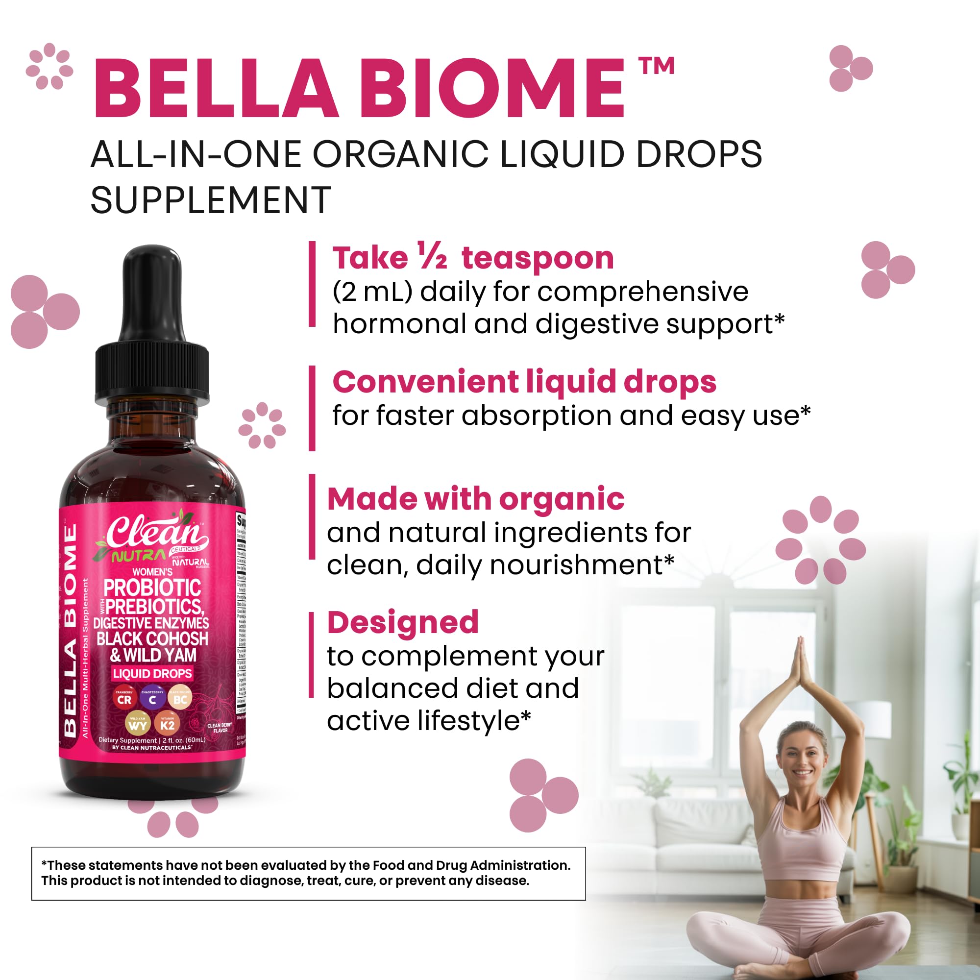 Liquid Probiotics for Women Drops with Chasteberry, Black Cohosh, Prebiotics, Digestive Enzymes, Evening Primrose Oil, Wild Yam, Cranberry Dmannose and Iron Vitamin D3 K2 Clean Nutra Bella Biotics Clean Nutraceuticals Au supplements
