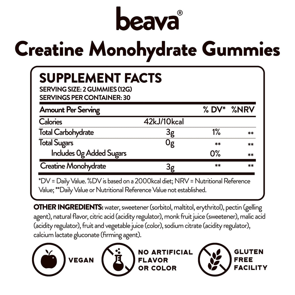 Creatine Monohydrate Gummies - 30 Servings - Vegan Creatine Chews for Muscle Growth, Muscle Recovery, Workout Recovery, Anaerobic Endurance - No Loading Phase - No Bloating - Strawberry - No Sugar beava Au supplements
