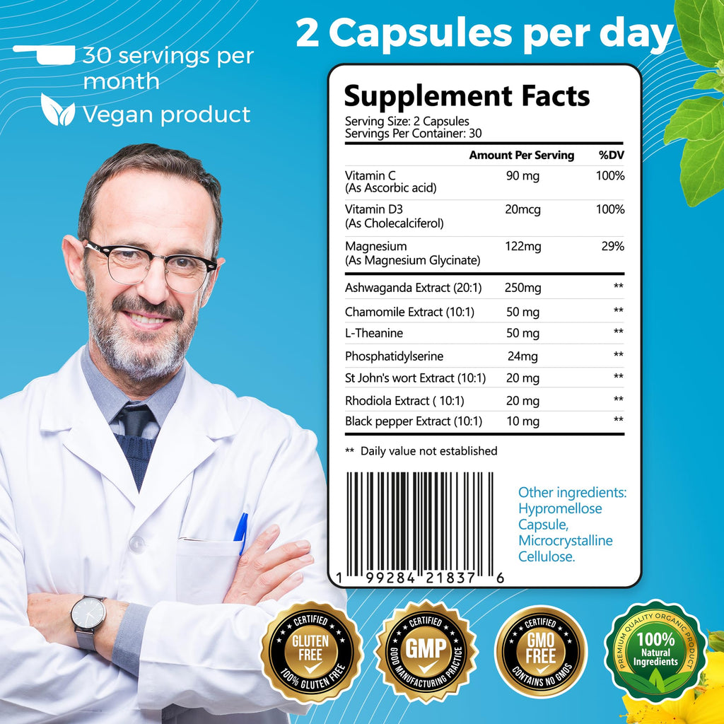 10-in-1 Cortisol Supplements with Magnesium, Ashwagandha, Chamomile, L-Theanine, St. John's Wort, Rhodiola, 60 Capsules, Cortisol Supplements For Women -& Men, Cortisol Reducer, High cortisol Welldiet Au supplements