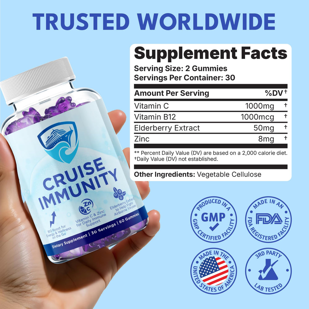 CRUISE IMMUNITY Immune Support Gummies for Cruisers with Vitamin C, B12, Zinc, Elderberry Extract, 60 Gummies, 30 Servings