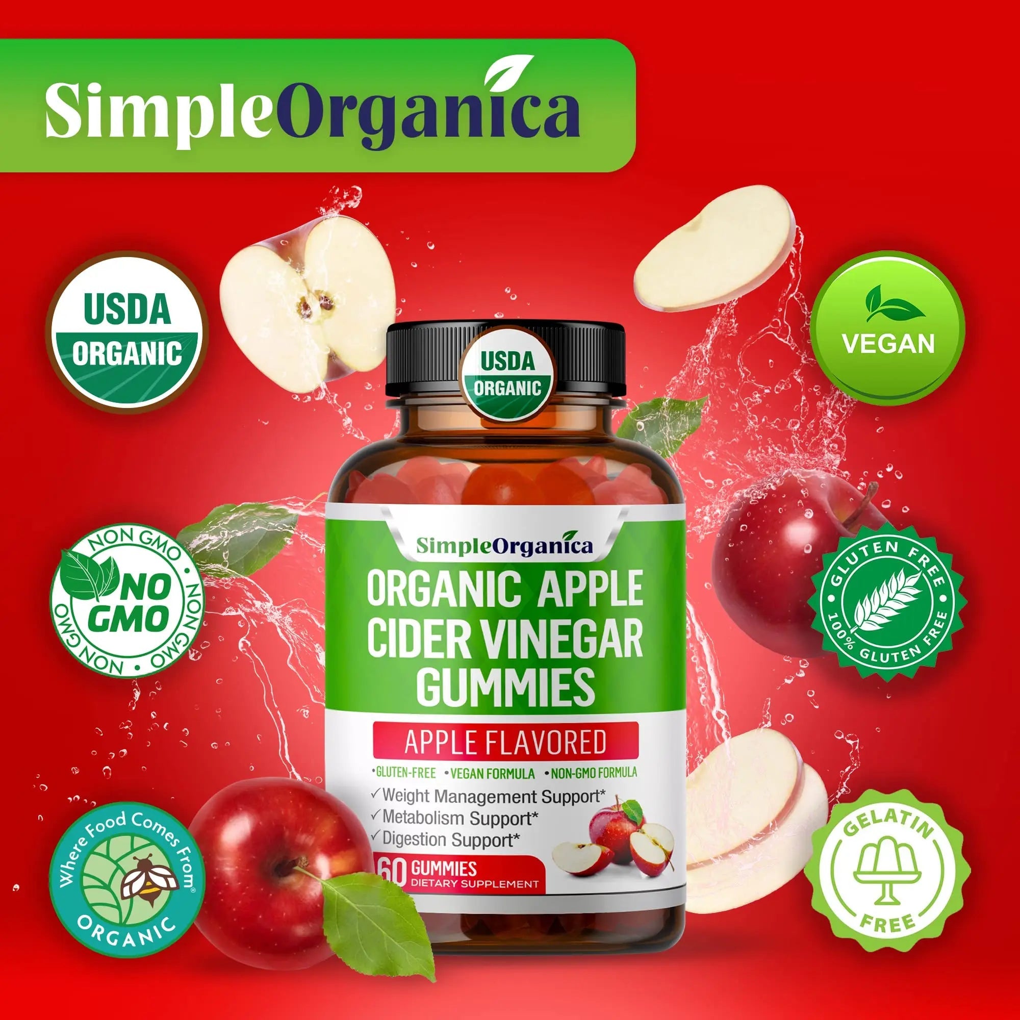 USDA Organic Apple Cider Vinegar Gummies with The Mother. AVC Keto Gummy Vitamins Simple Organica Au supplements