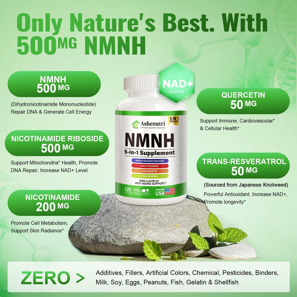 NMNH (Dihydronicotinamide Mononucleotide), NMN Alternative Supplement w/Niacinamide (Vitamin B3), Quercetin, Trans-Resveratrol, Support NAD+, Skin Cell Health*, Anti-Aging & Energy, 120 Caps Ashenutri Au supplements