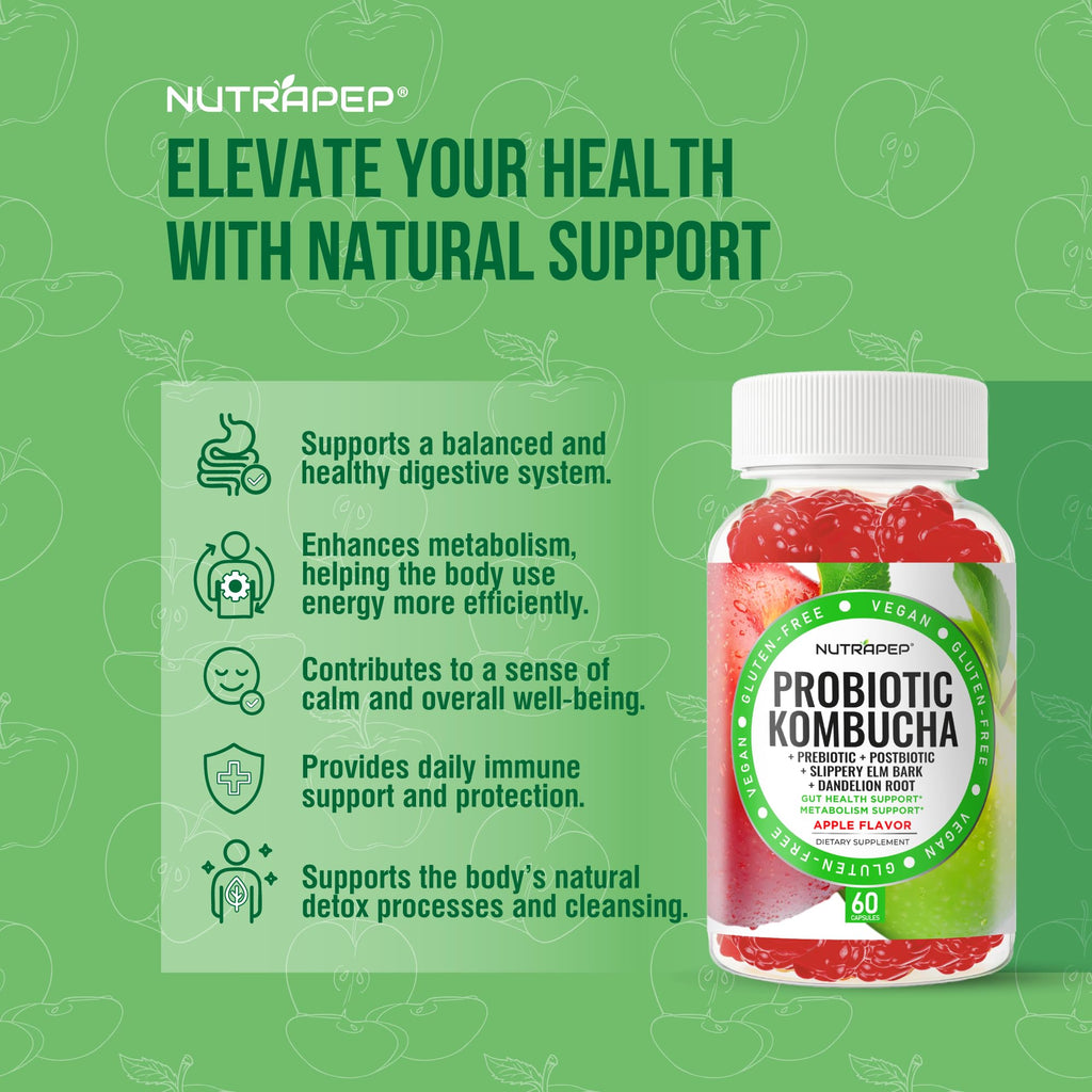 NutraPep Probiotic Kombucha Gummies - Women Men Probiotic Prebiotic Probiotic Blend for Gut Health Bloating Metabolism Support with Slippery Elm Bark Dandelion Root - Vegan Gluten Free Apple Flavor NutraPep Au supplements