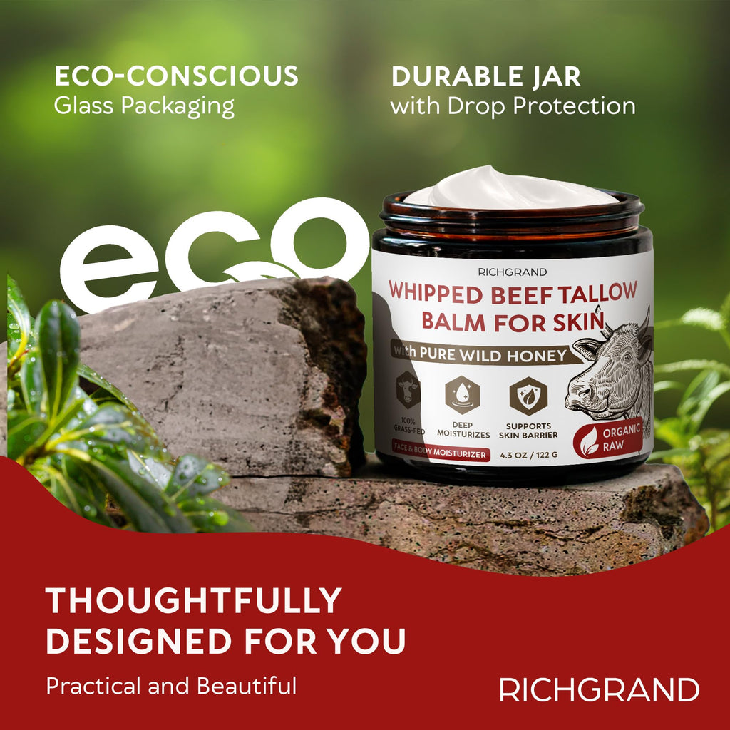 RICHGRAND Beef Tallow for Skin - Whipped Tallow and Honey Balm - Grass Fed Beef Tallow for Face, Daily Moisturizer & Body Butter