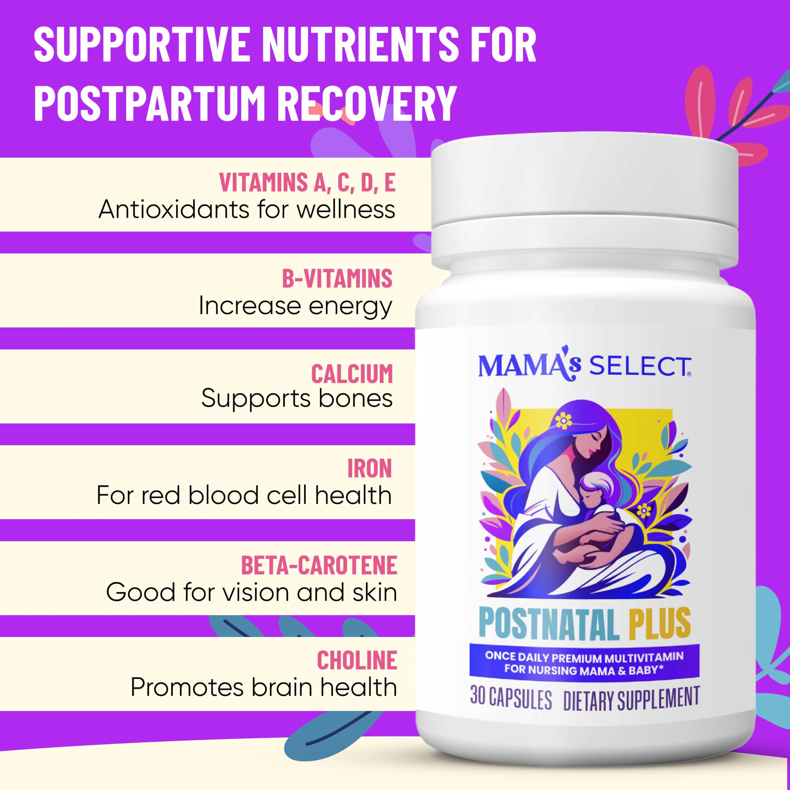 Mama's Select Postnatal Vitamins – Boosts Hair Recovery, Milk Supply, & Wellness – Allergen-Free, Vegan, MTHFR Friendly, Methylated Folate & B Vitamins,